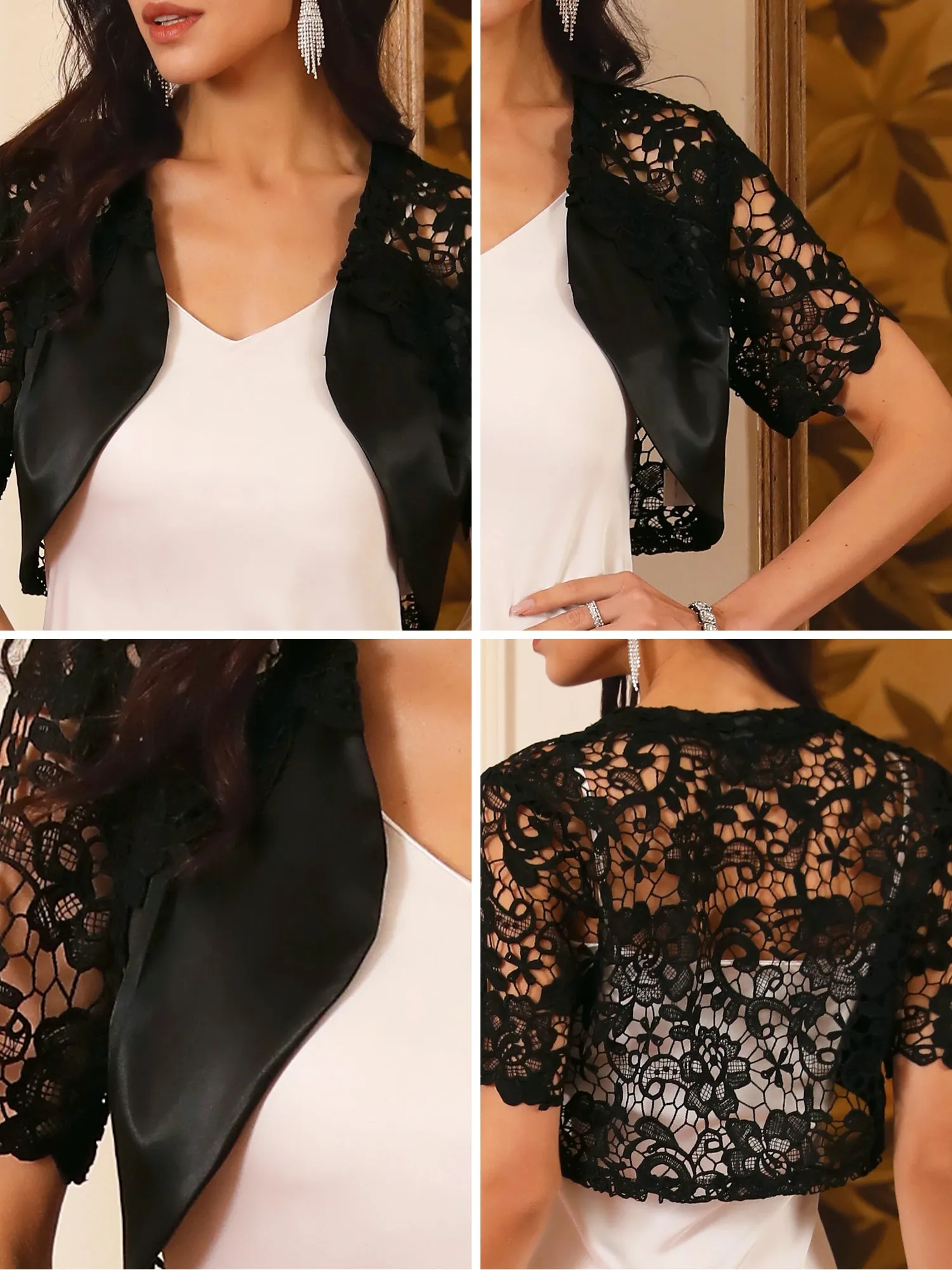 Women's Satin Shrug Short Sleeves Cocktail Elegant Cropped Lace Cardigan