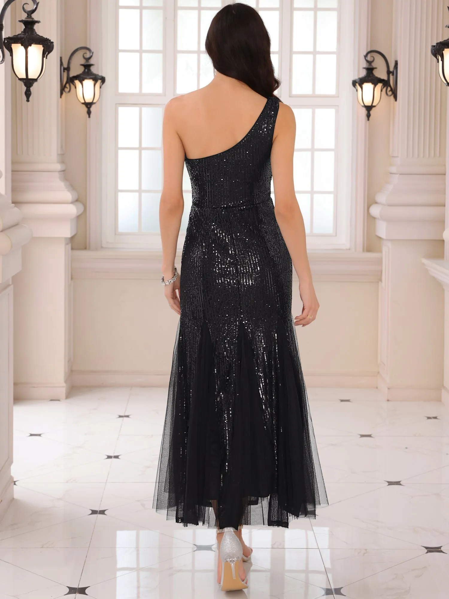 Women's Sequin Cocktail Dress Maxi One Shoulder Mermaid Prom Evening Wedding Dresses