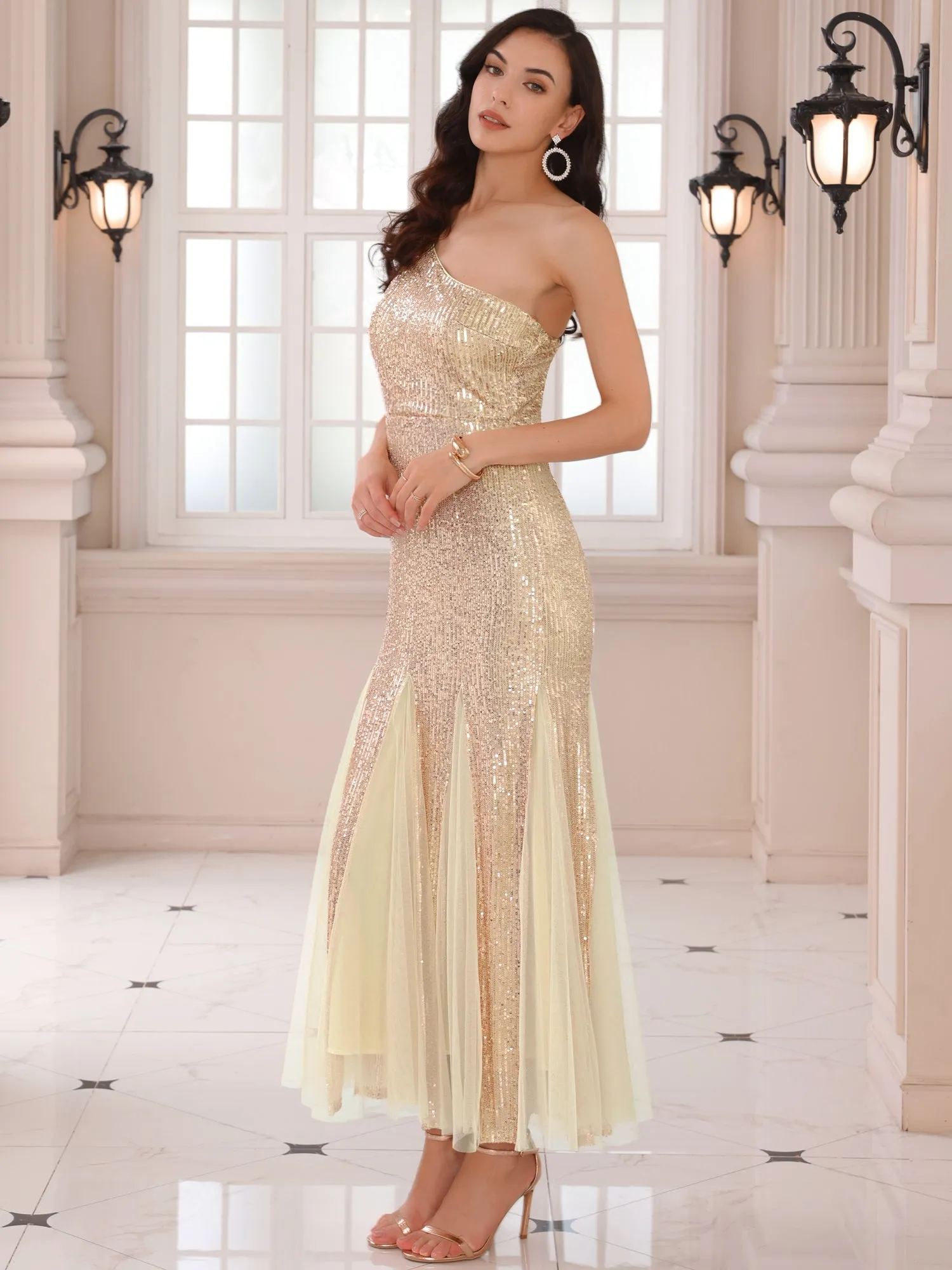 Women's Sequin Cocktail Dress Maxi One Shoulder Mermaid Prom Evening Wedding Dresses