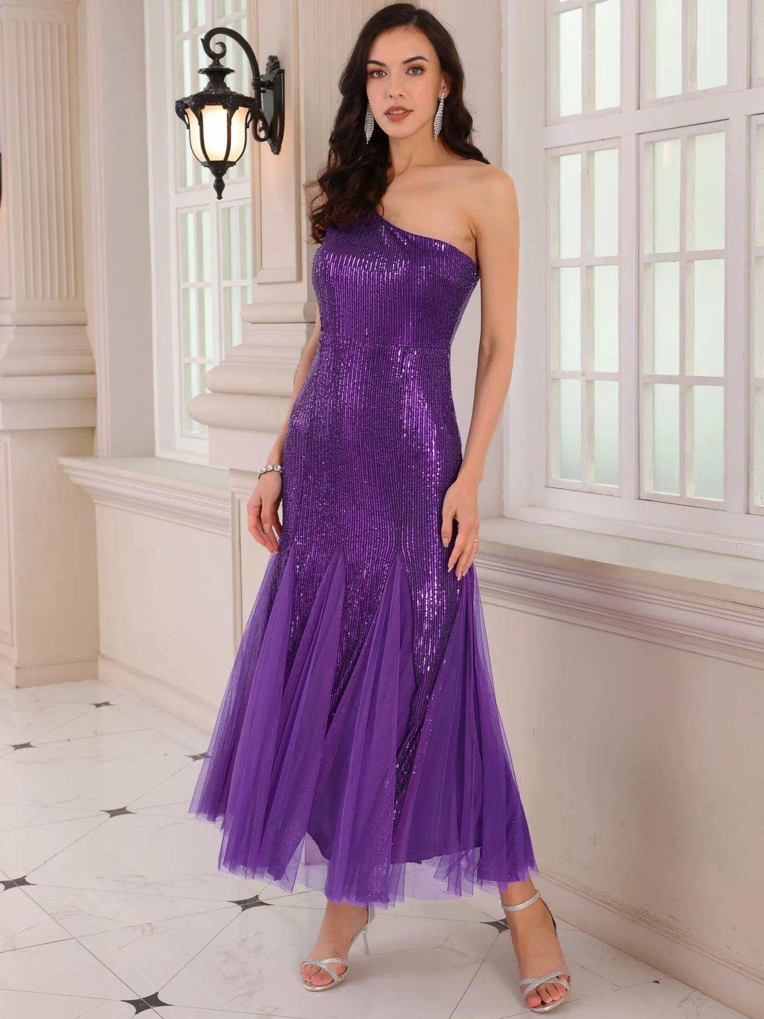 Women's Sequin Cocktail Dress Maxi One Shoulder Mermaid Prom Evening Wedding Dresses
