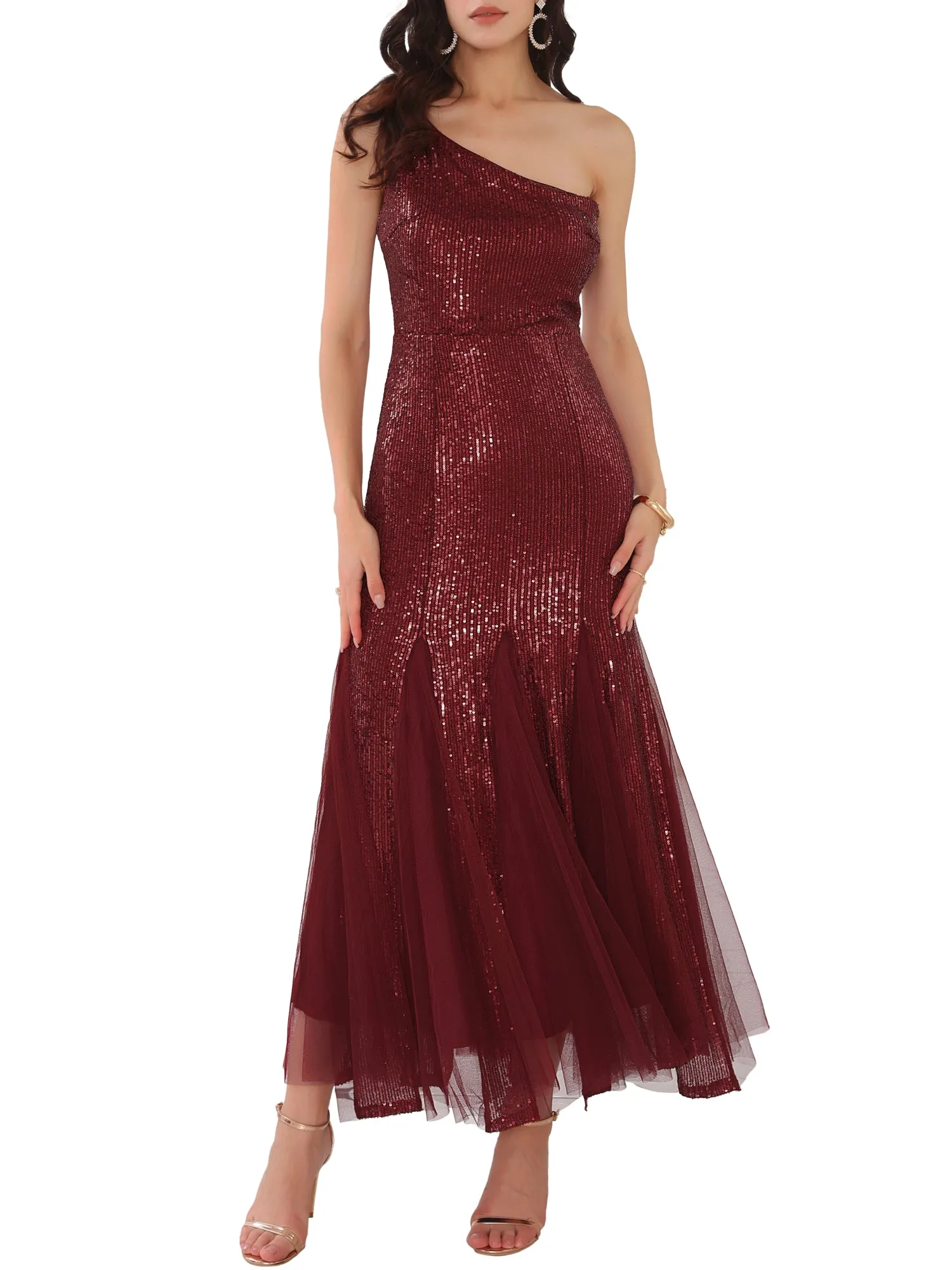 Women's Sequin Cocktail Dress Maxi One Shoulder Mermaid Prom Evening Wedding Dresses