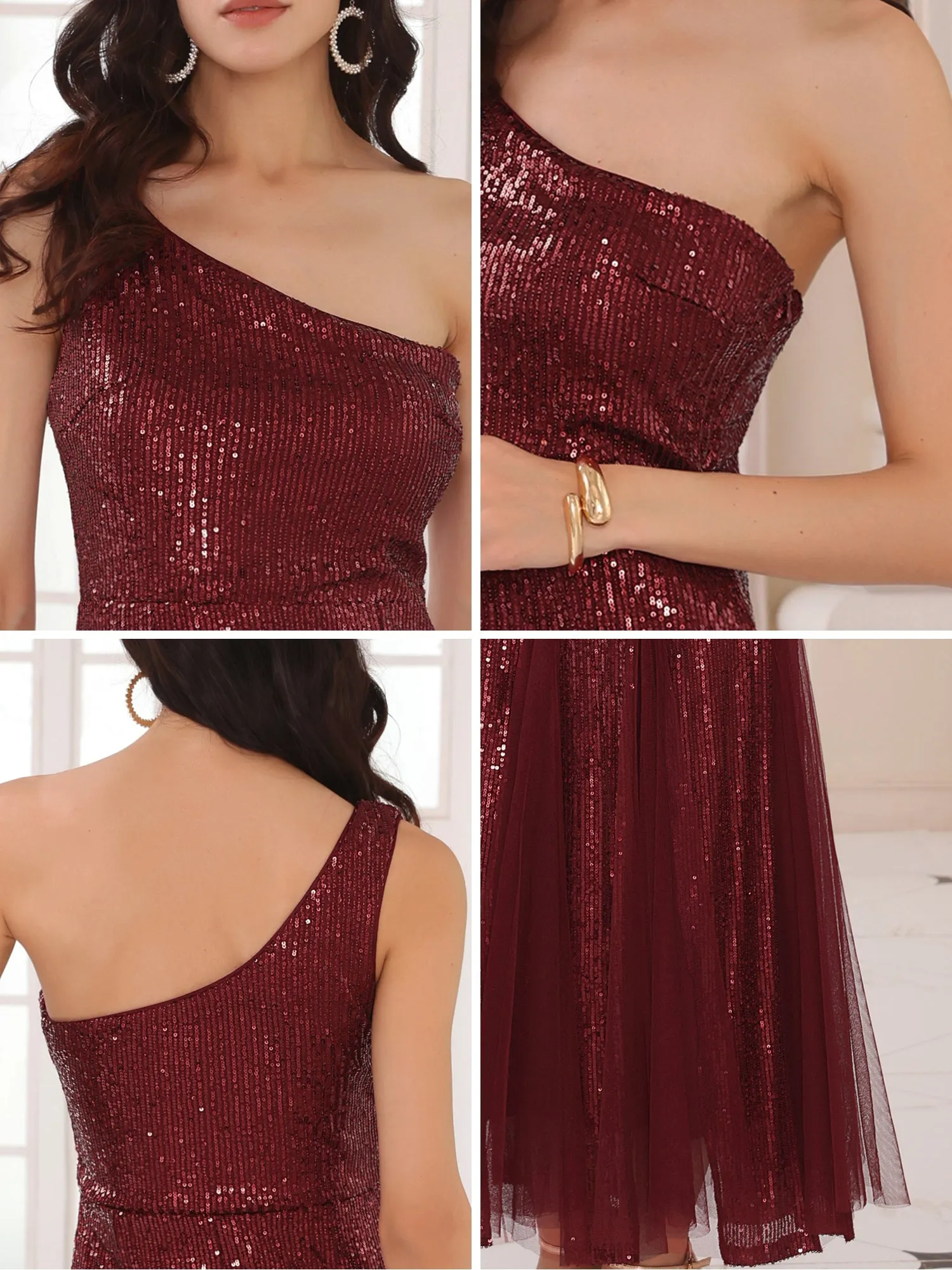 Women's Sequin Cocktail Dress Maxi One Shoulder Mermaid Prom Evening Wedding Dresses