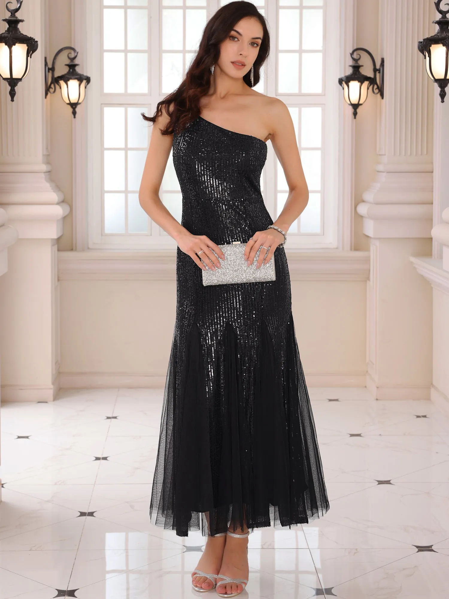Women's Sequin Cocktail Dress Maxi One Shoulder Mermaid Prom Evening Wedding Dresses