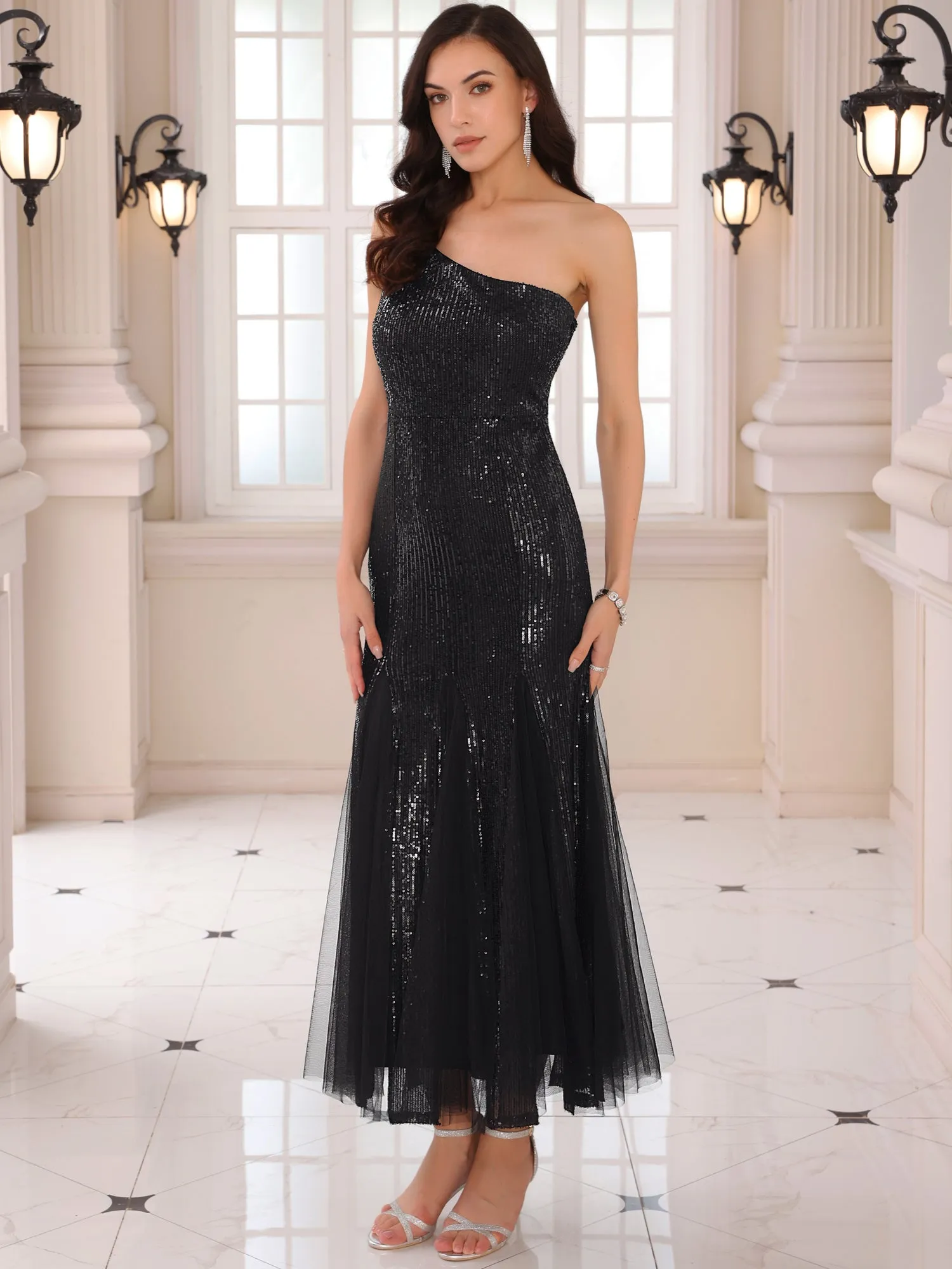 Women's Sequin Cocktail Dress Maxi One Shoulder Mermaid Prom Evening Wedding Dresses