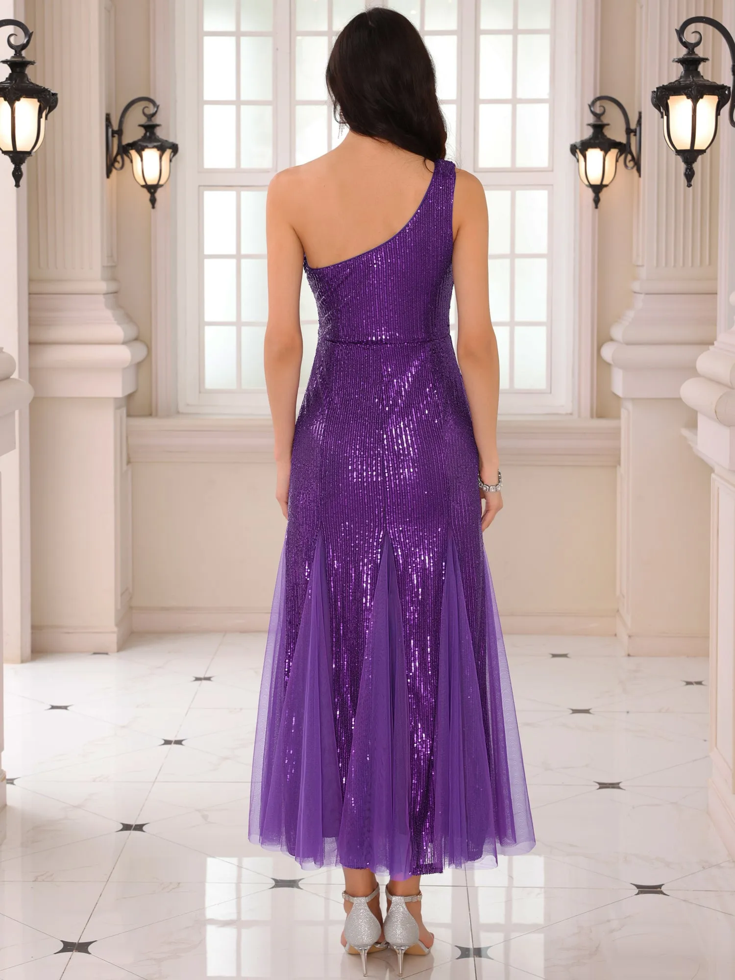 Women's Sequin Cocktail Dress Maxi One Shoulder Mermaid Prom Evening Wedding Dresses