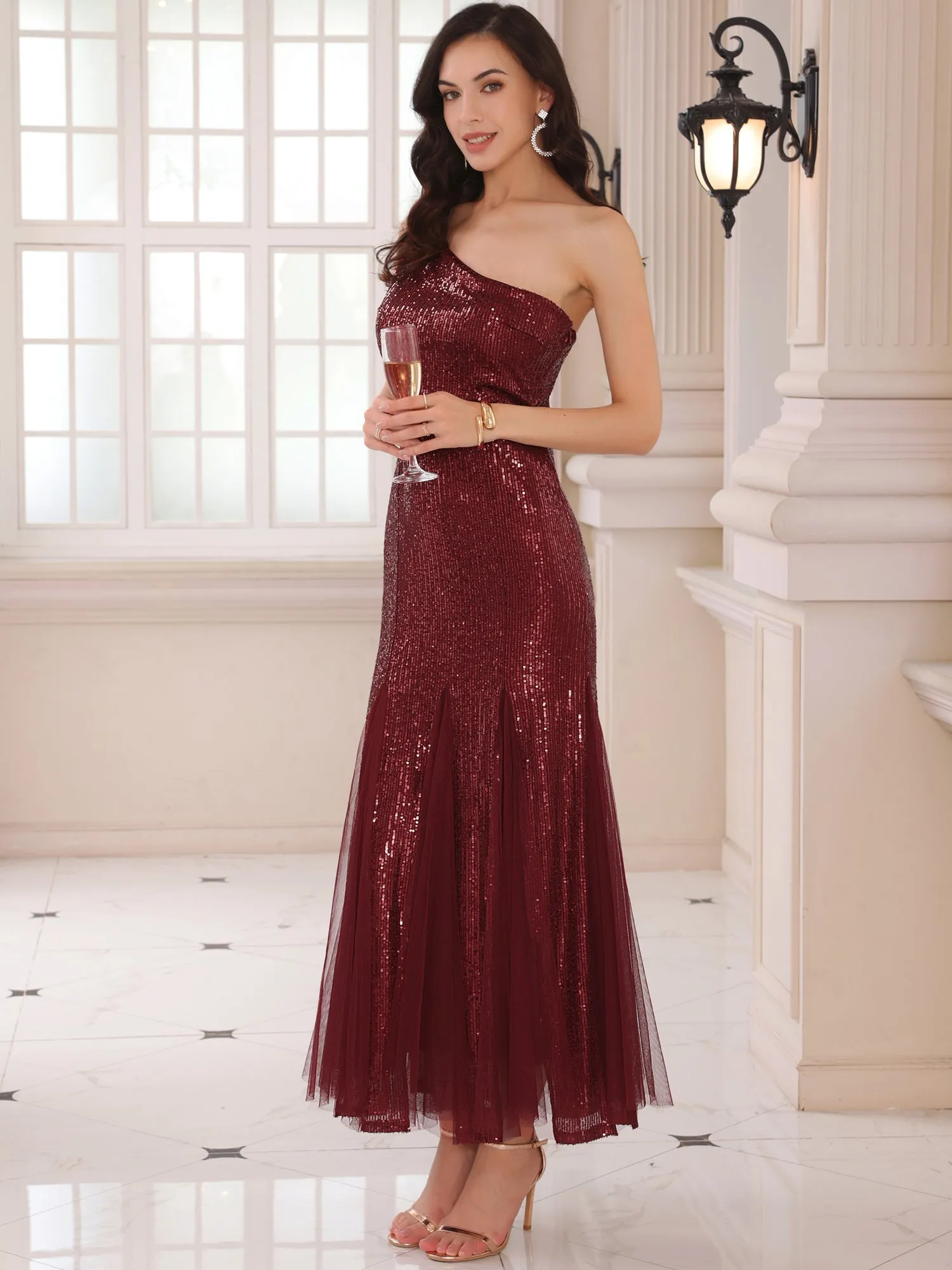 Women's Sequin Cocktail Dress Maxi One Shoulder Mermaid Prom Evening Wedding Dresses