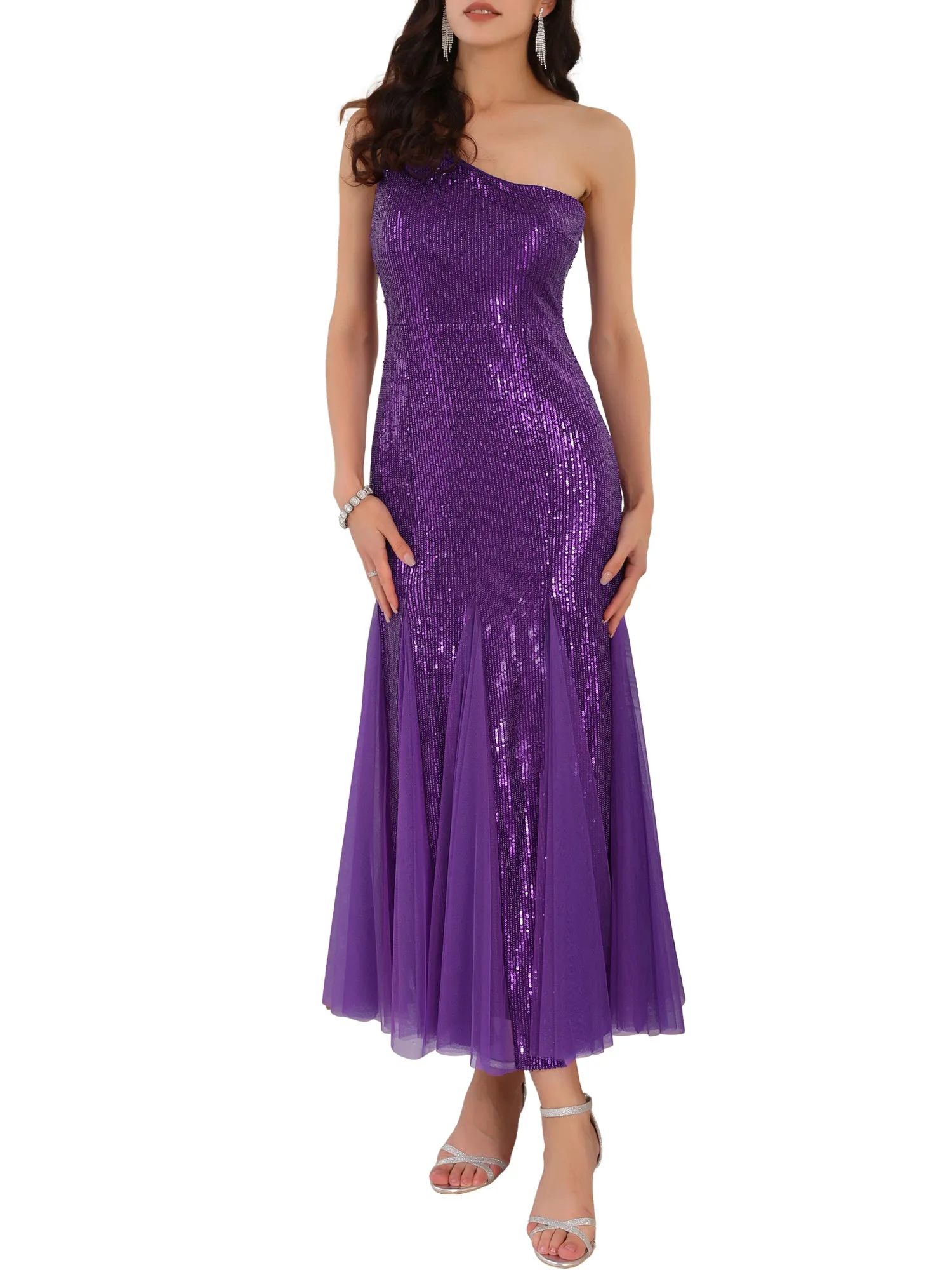Women's Sequin Cocktail Dress Maxi One Shoulder Mermaid Prom Evening Wedding Dresses
