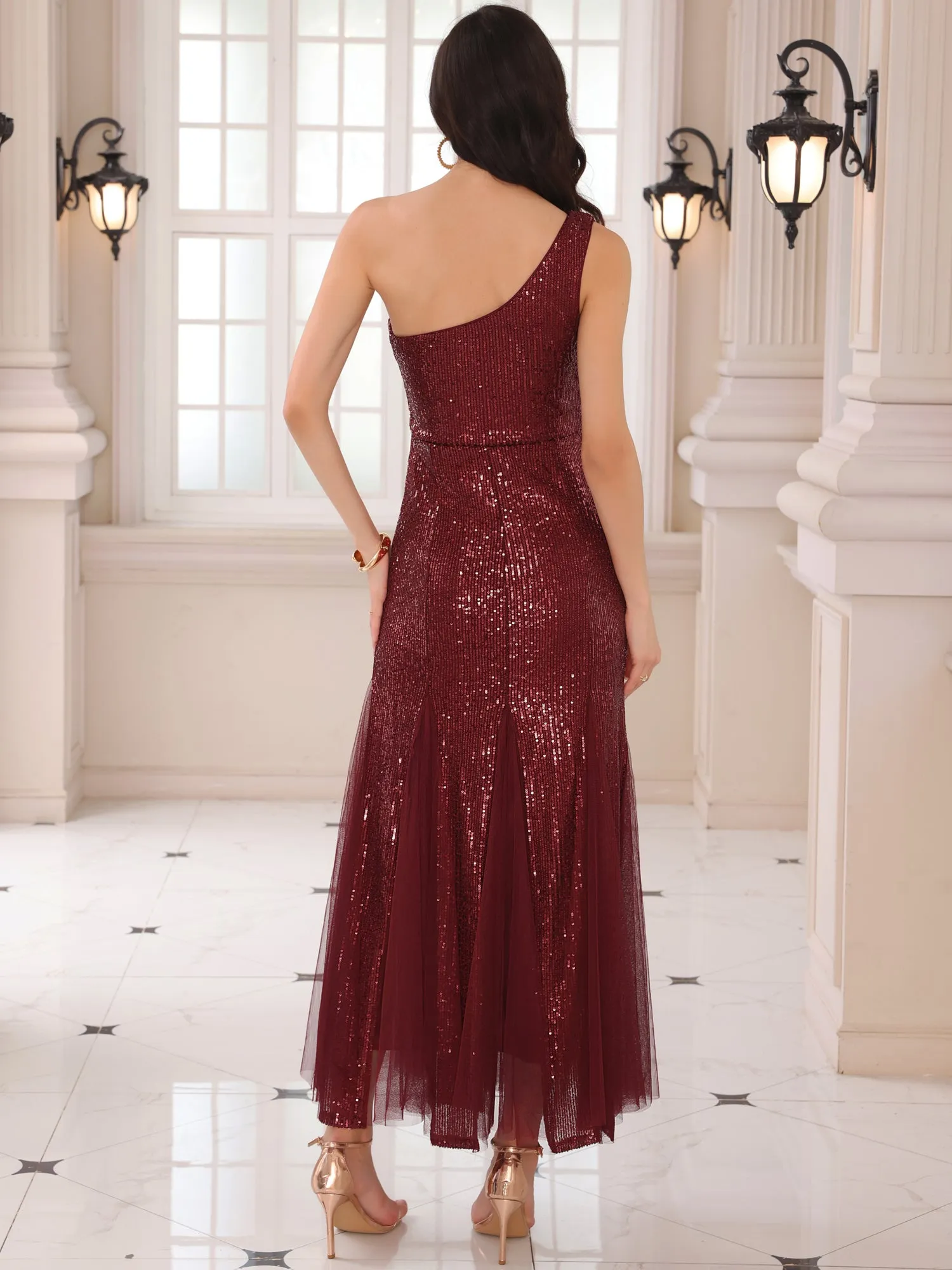 Women's Sequin Cocktail Dress Maxi One Shoulder Mermaid Prom Evening Wedding Dresses
