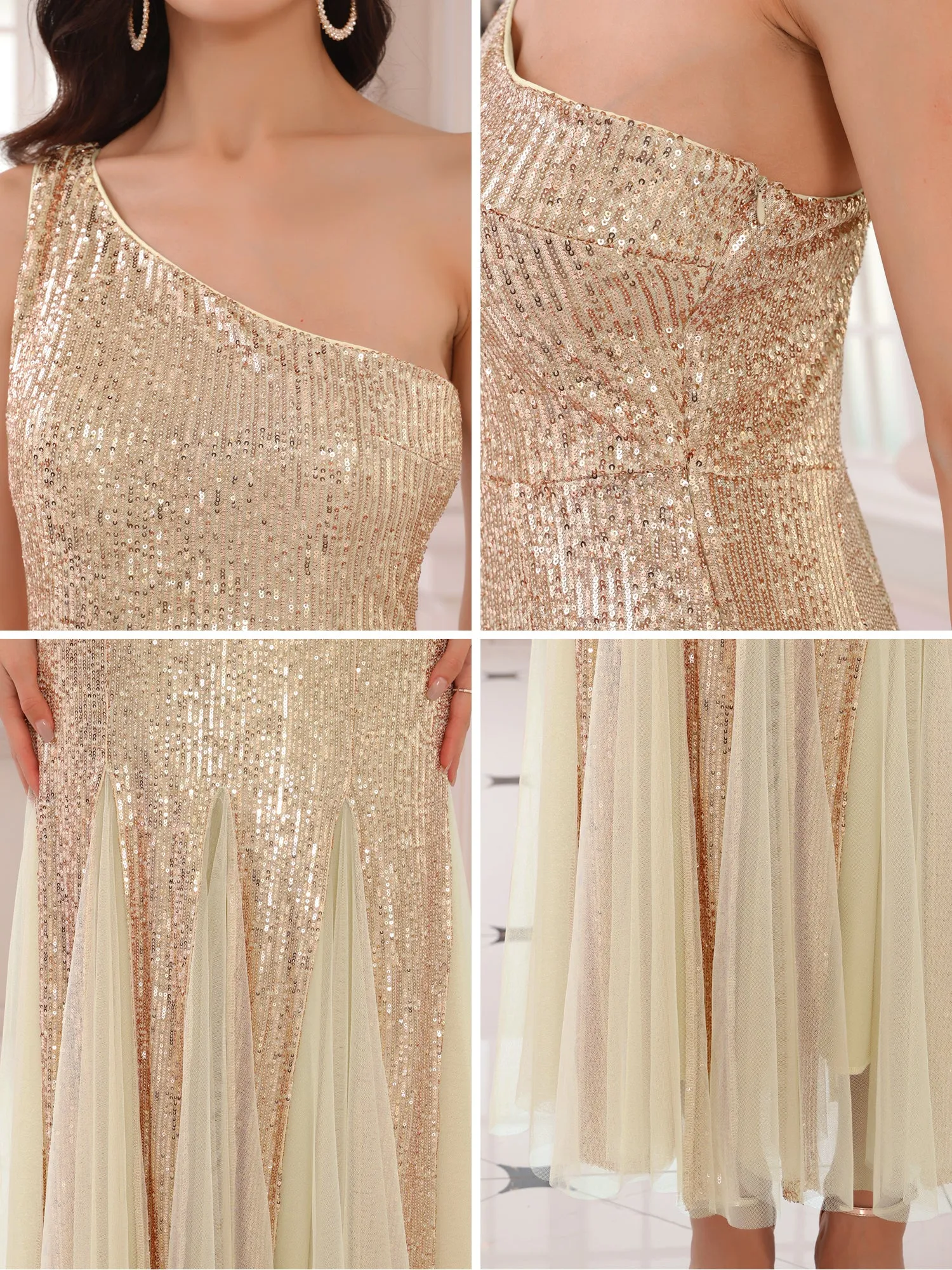 Women's Sequin Cocktail Dress Maxi One Shoulder Mermaid Prom Evening Wedding Dresses