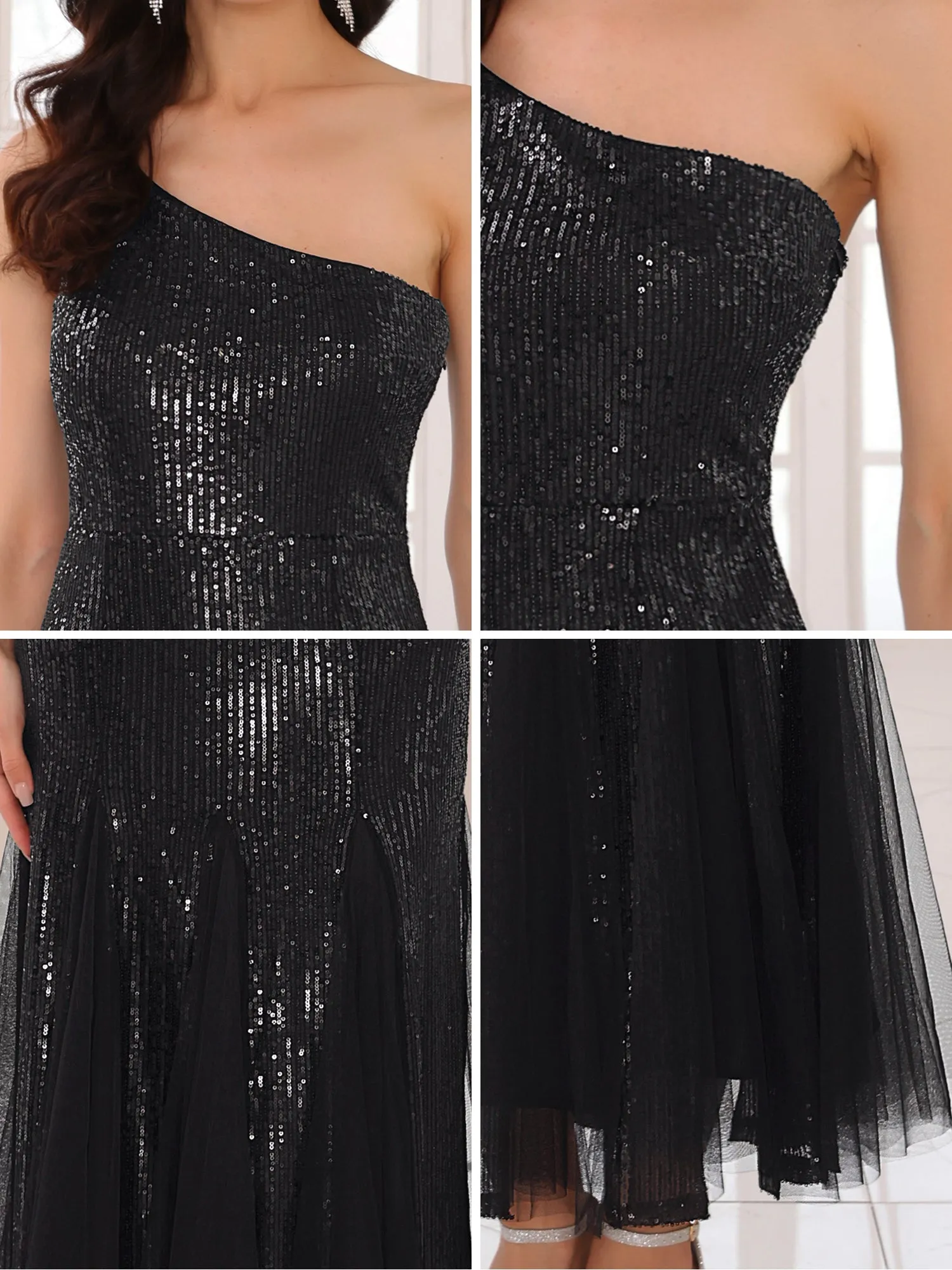 Women's Sequin Cocktail Dress Maxi One Shoulder Mermaid Prom Evening Wedding Dresses