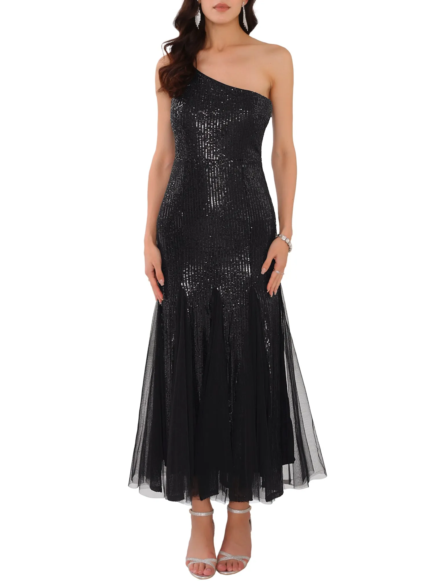 Women's Sequin Cocktail Dress Maxi One Shoulder Mermaid Prom Evening Wedding Dresses