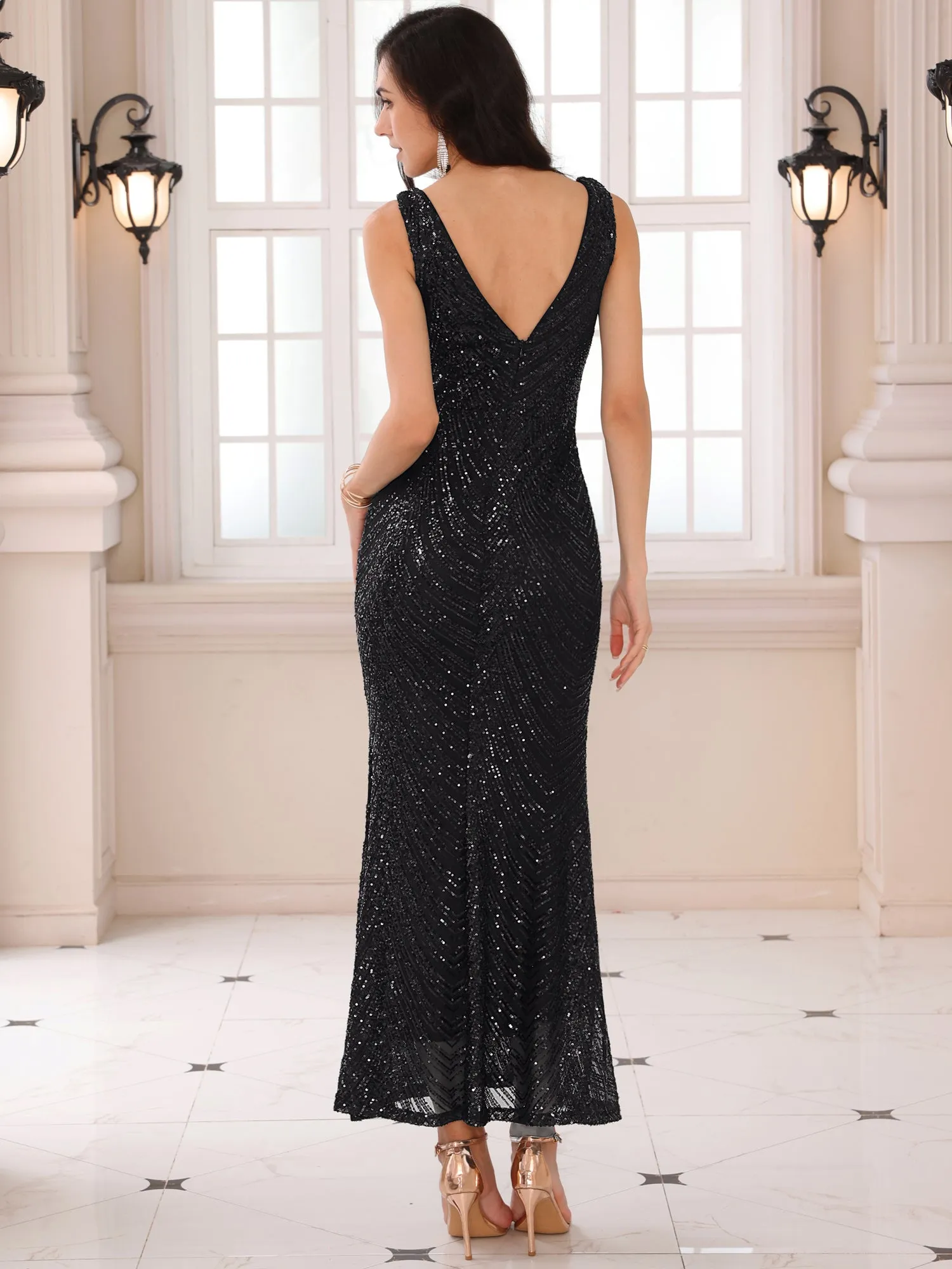 Women's Sequin Evening Dress V Neck Sleeveless Cocktail Maxi Gown Dresses