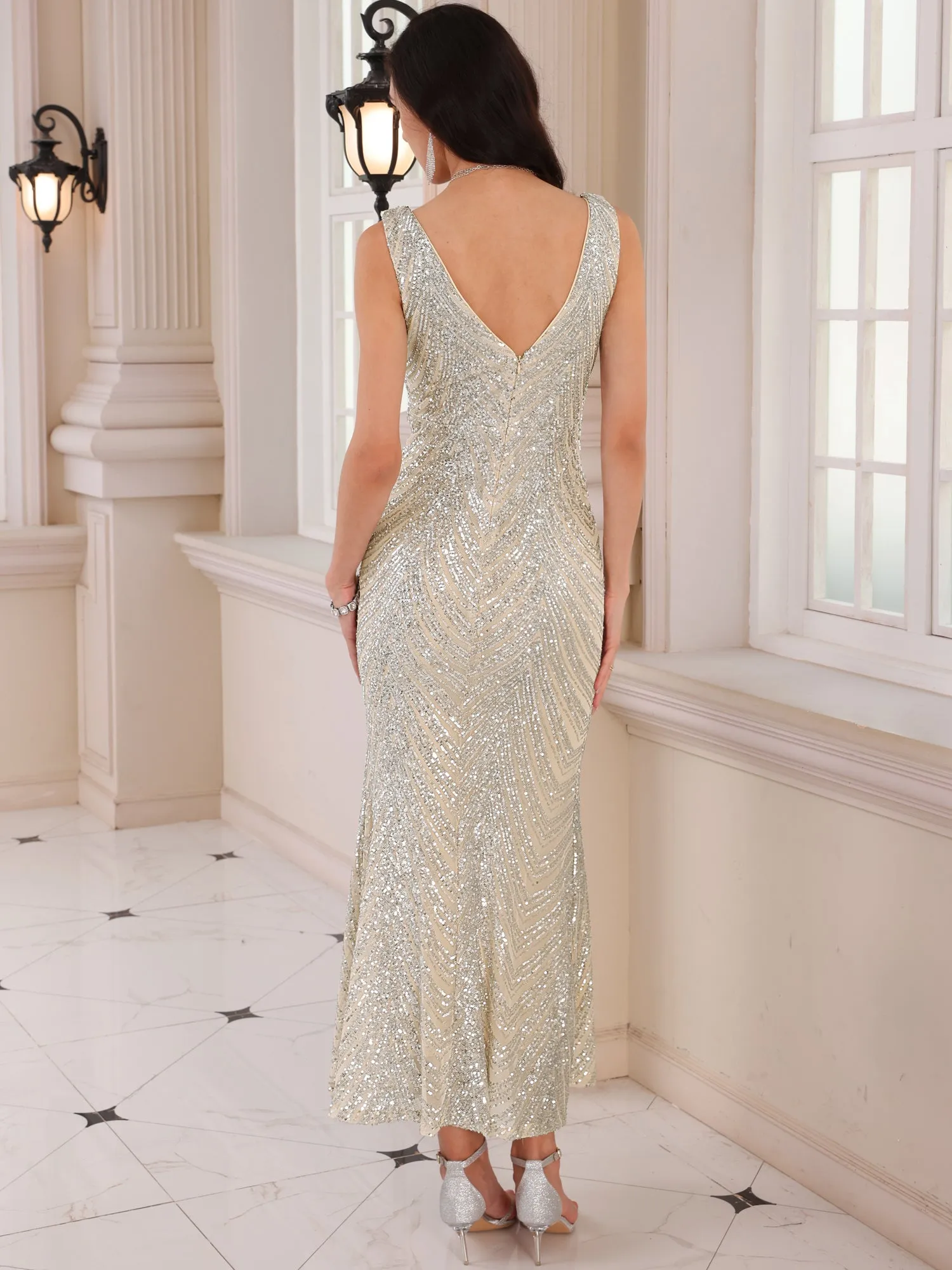 Women's Sequin Evening Dress V Neck Sleeveless Cocktail Maxi Gown Dresses