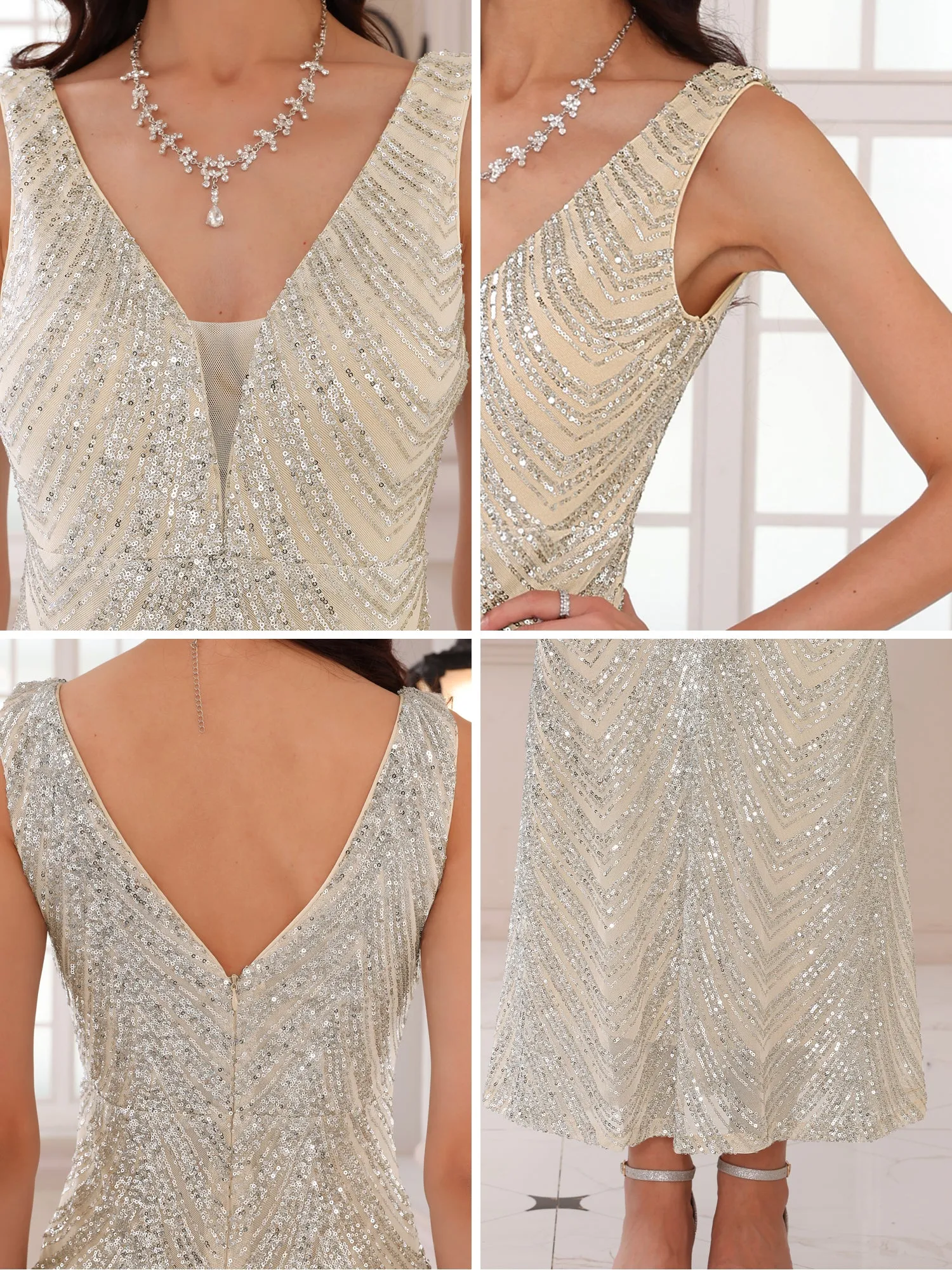 Women's Sequin Evening Dress V Neck Sleeveless Cocktail Maxi Gown Dresses