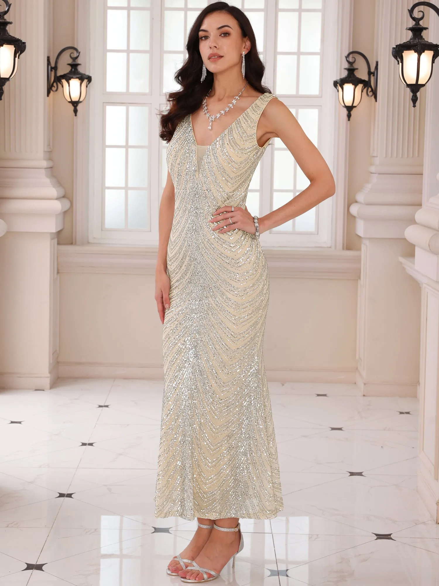 Women's Sequin Evening Dress V Neck Sleeveless Cocktail Maxi Gown Dresses