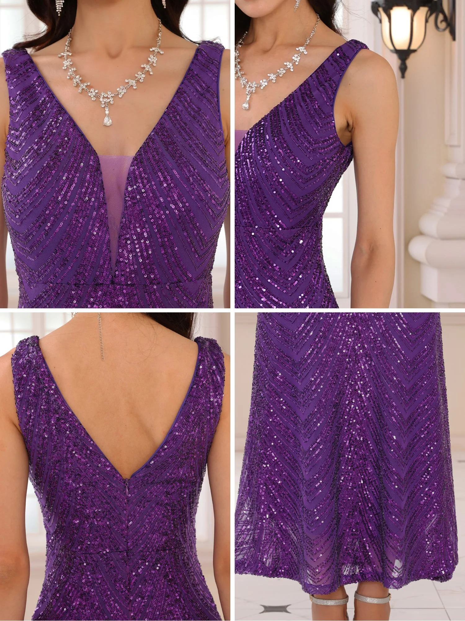 Women's Sequin Evening Dress V Neck Sleeveless Cocktail Maxi Gown Dresses