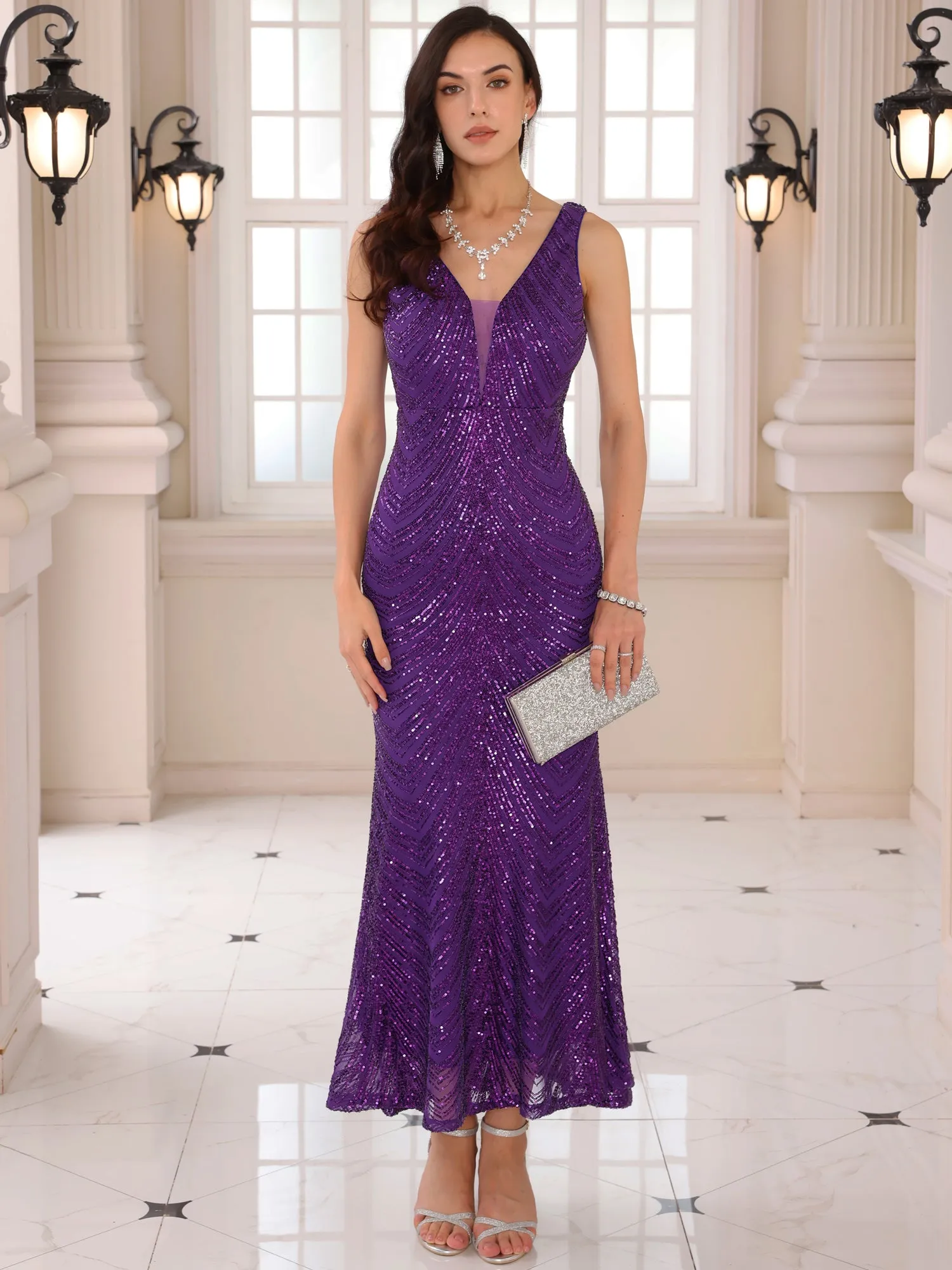 Women's Sequin Evening Dress V Neck Sleeveless Cocktail Maxi Gown Dresses