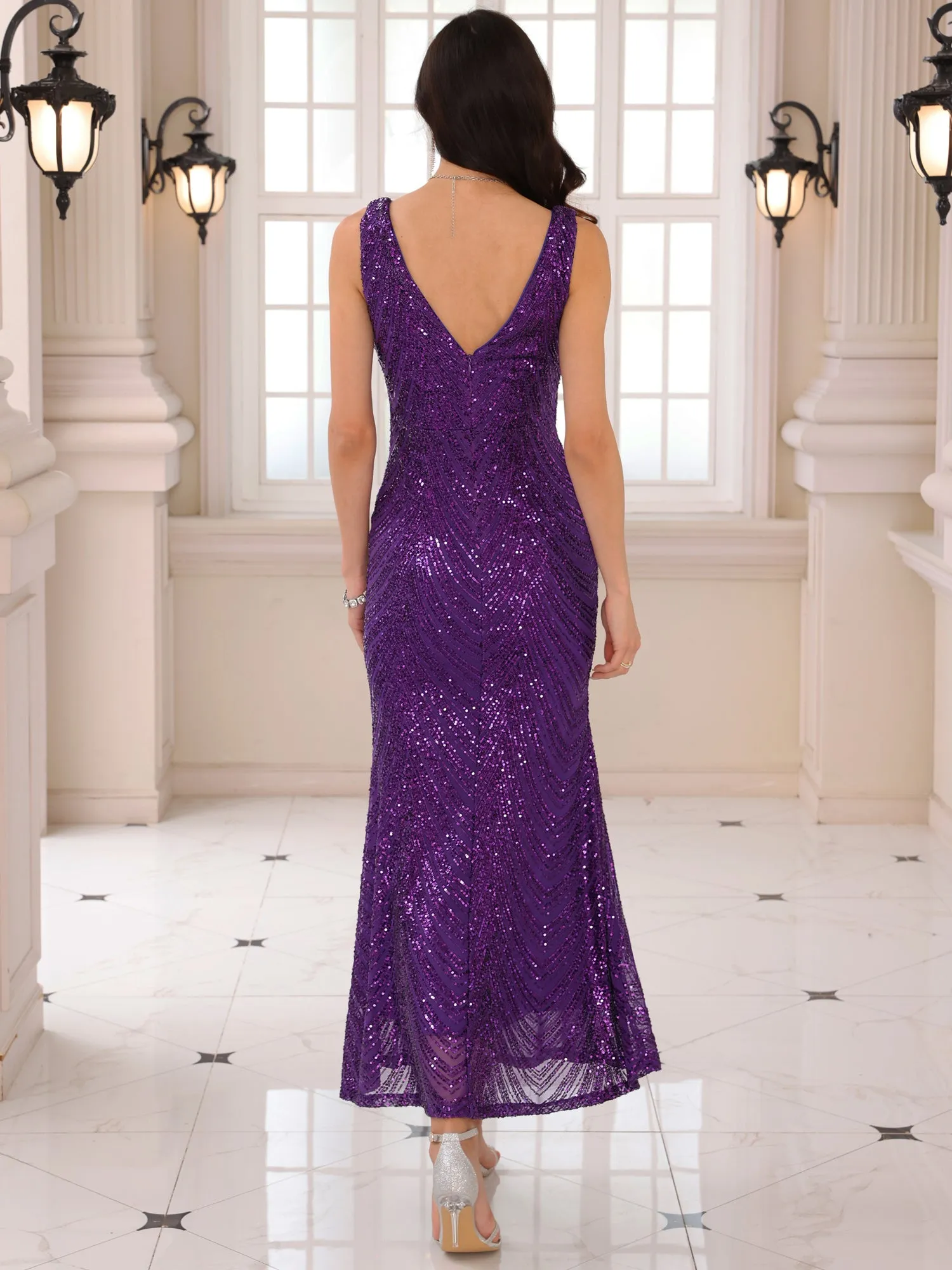 Women's Sequin Evening Dress V Neck Sleeveless Cocktail Maxi Gown Dresses