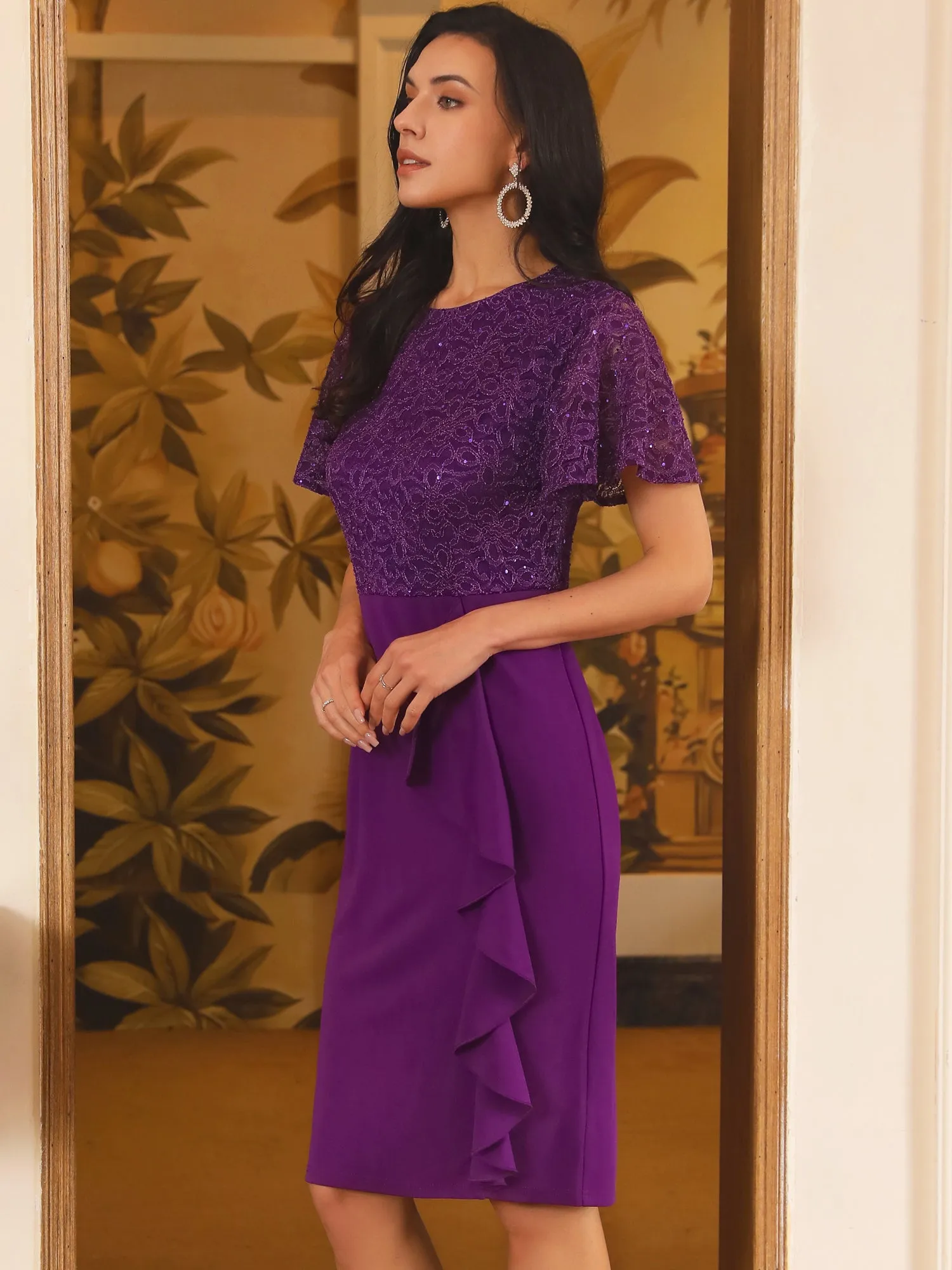 Women's Sequin Lace Short Sleeve Bodycon Cocktail Midi Dress