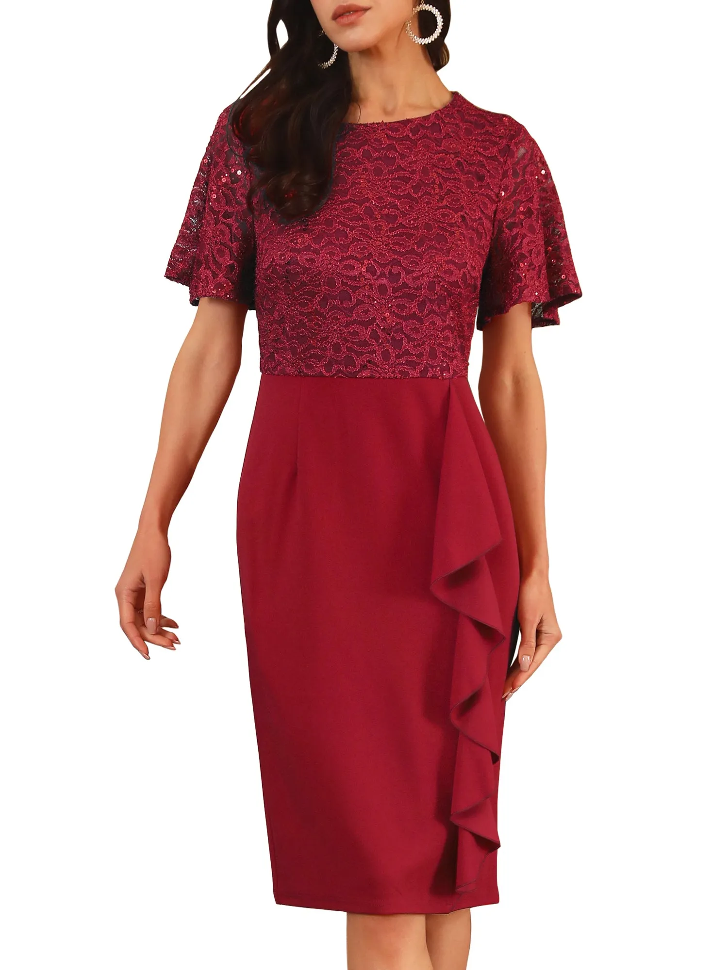 Women's Sequin Lace Short Sleeve Bodycon Cocktail Midi Dress