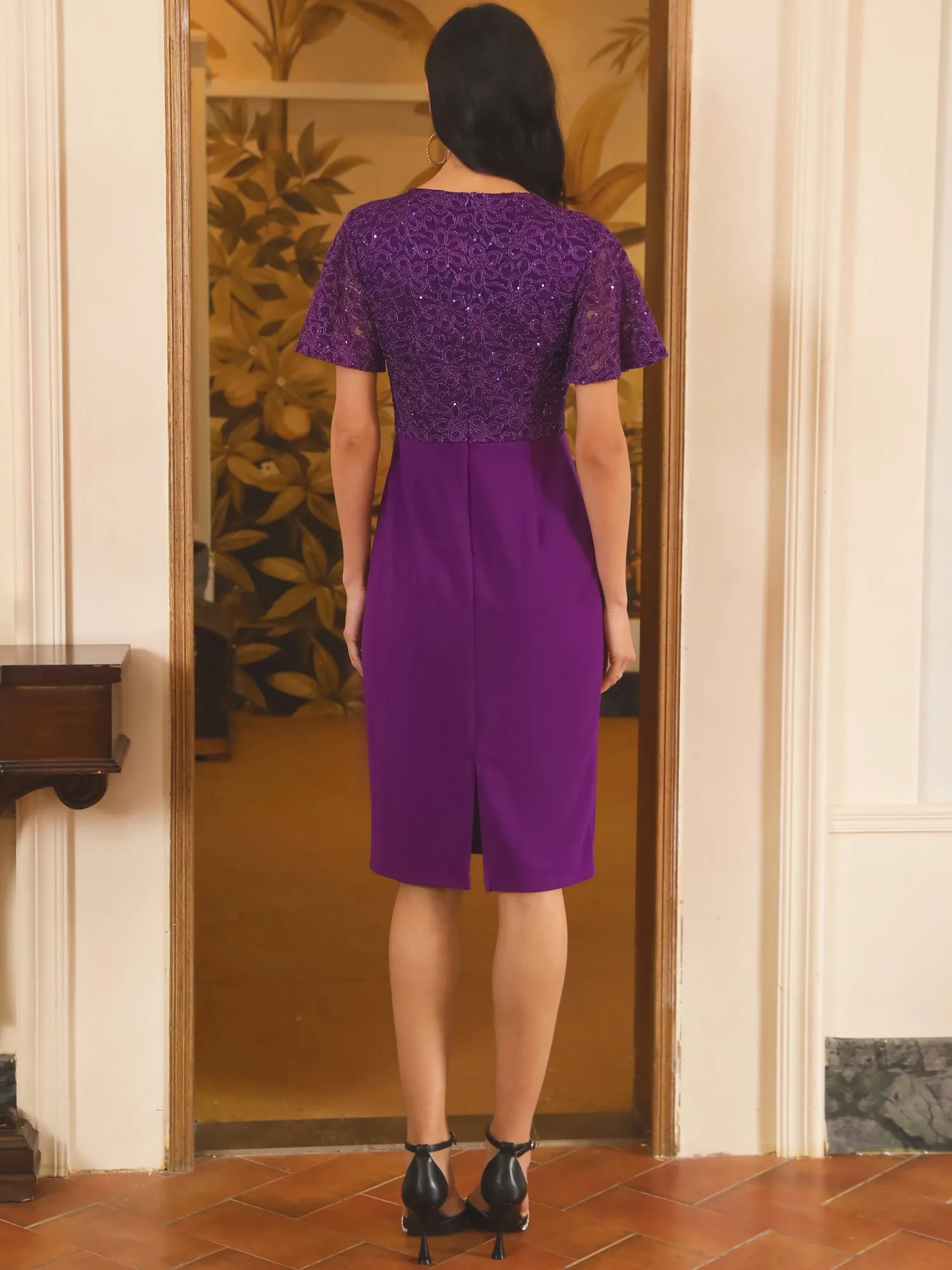 Women's Sequin Lace Short Sleeve Bodycon Cocktail Midi Dress