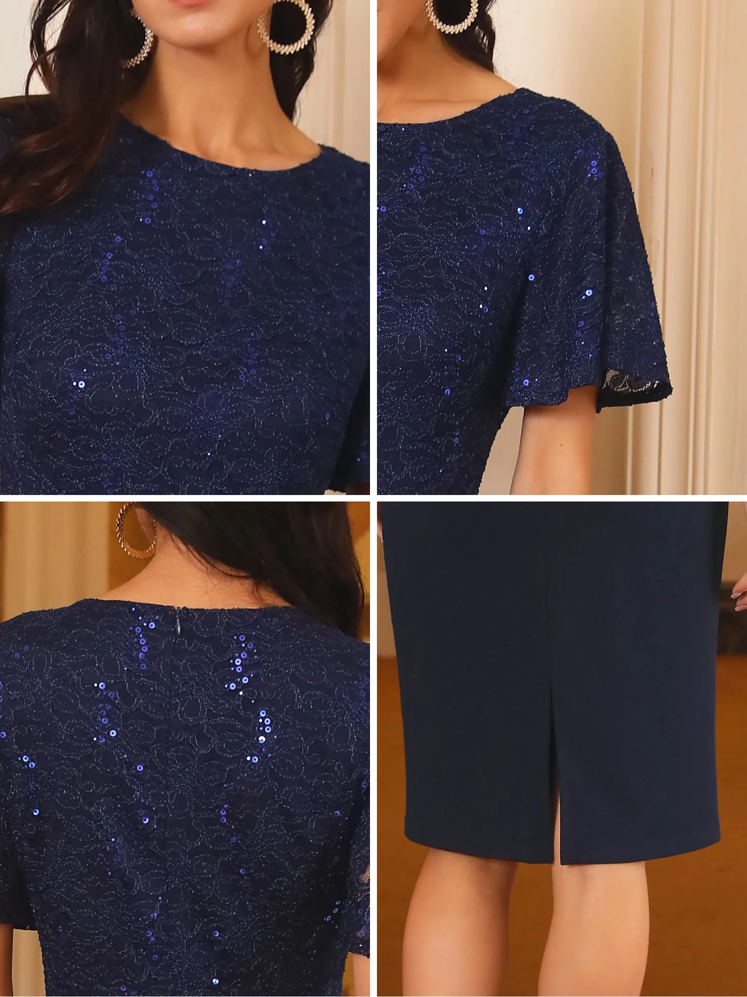 Women's Sequin Lace Short Sleeve Bodycon Cocktail Midi Dress