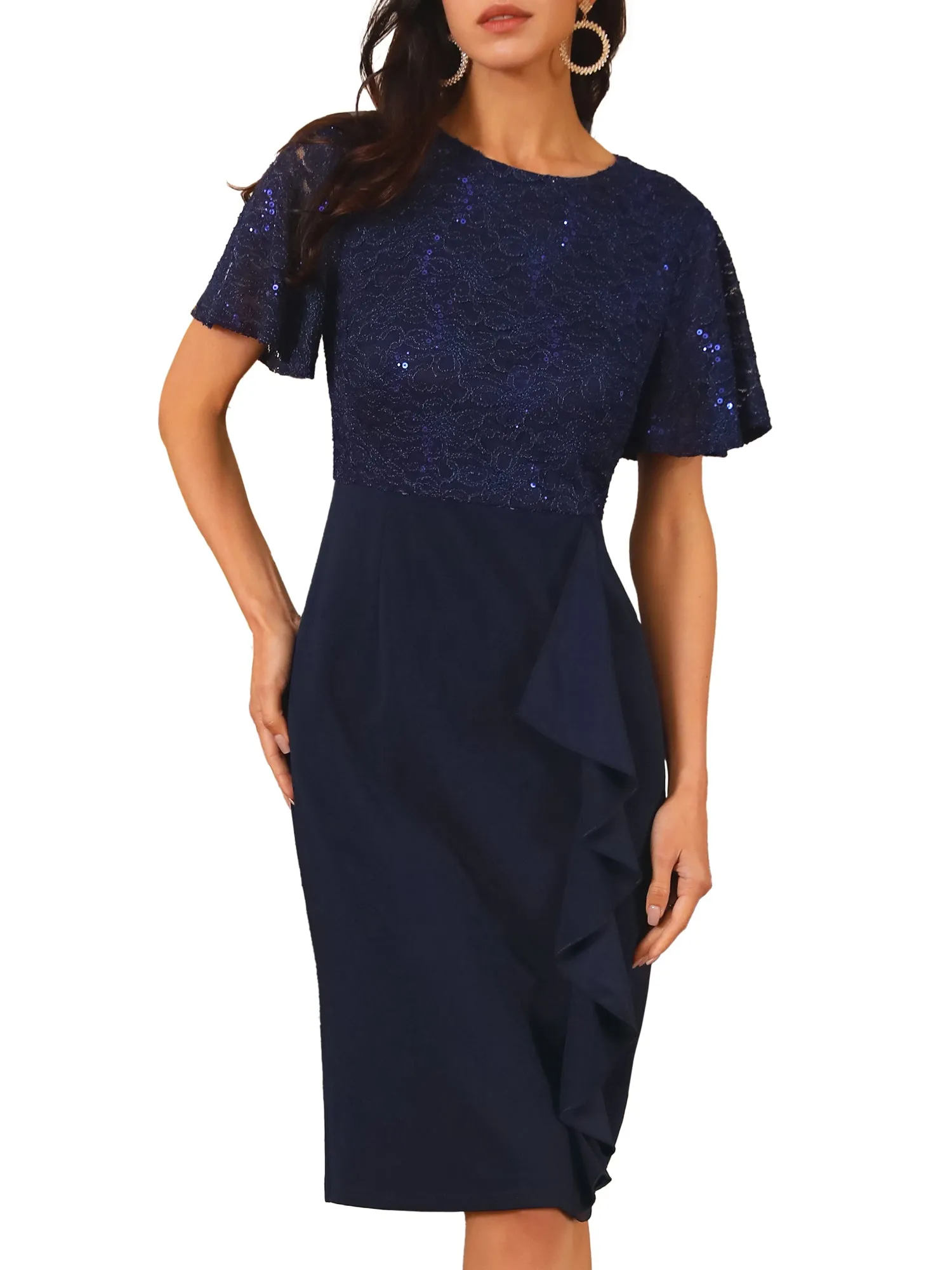 Women's Sequin Lace Short Sleeve Bodycon Cocktail Midi Dress