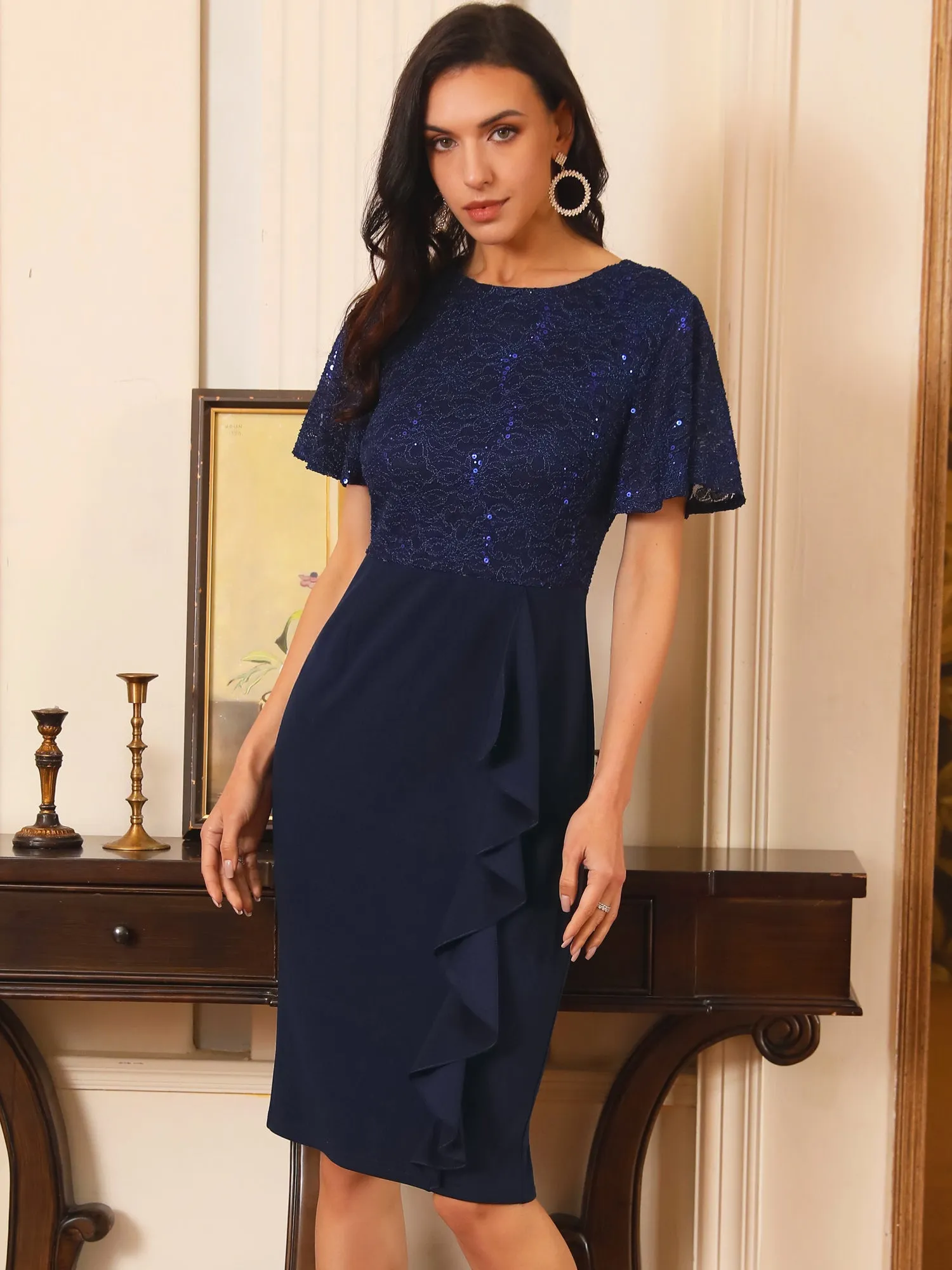 Women's Sequin Lace Short Sleeve Bodycon Cocktail Midi Dress
