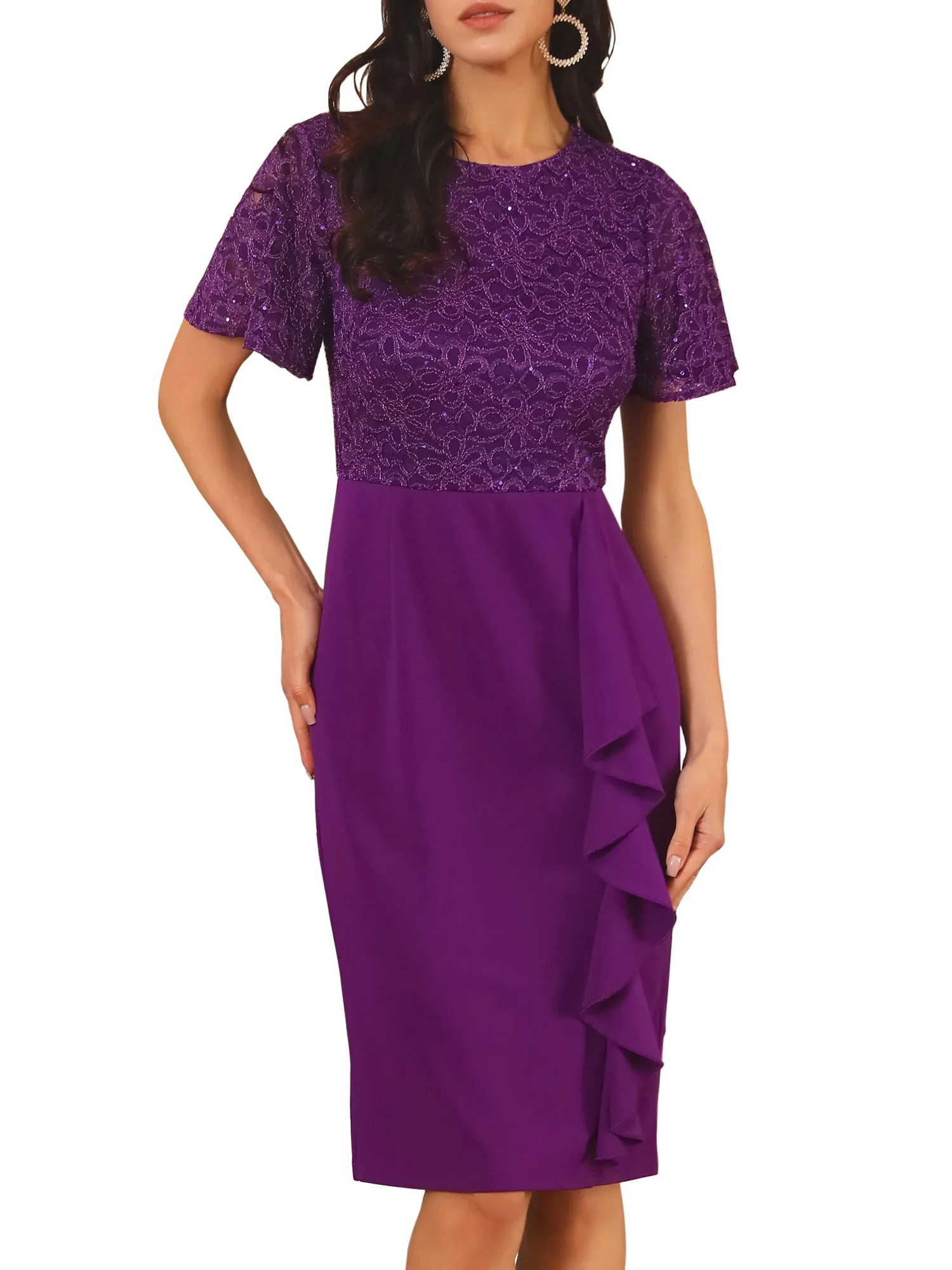 Women's Sequin Lace Short Sleeve Bodycon Cocktail Midi Dress