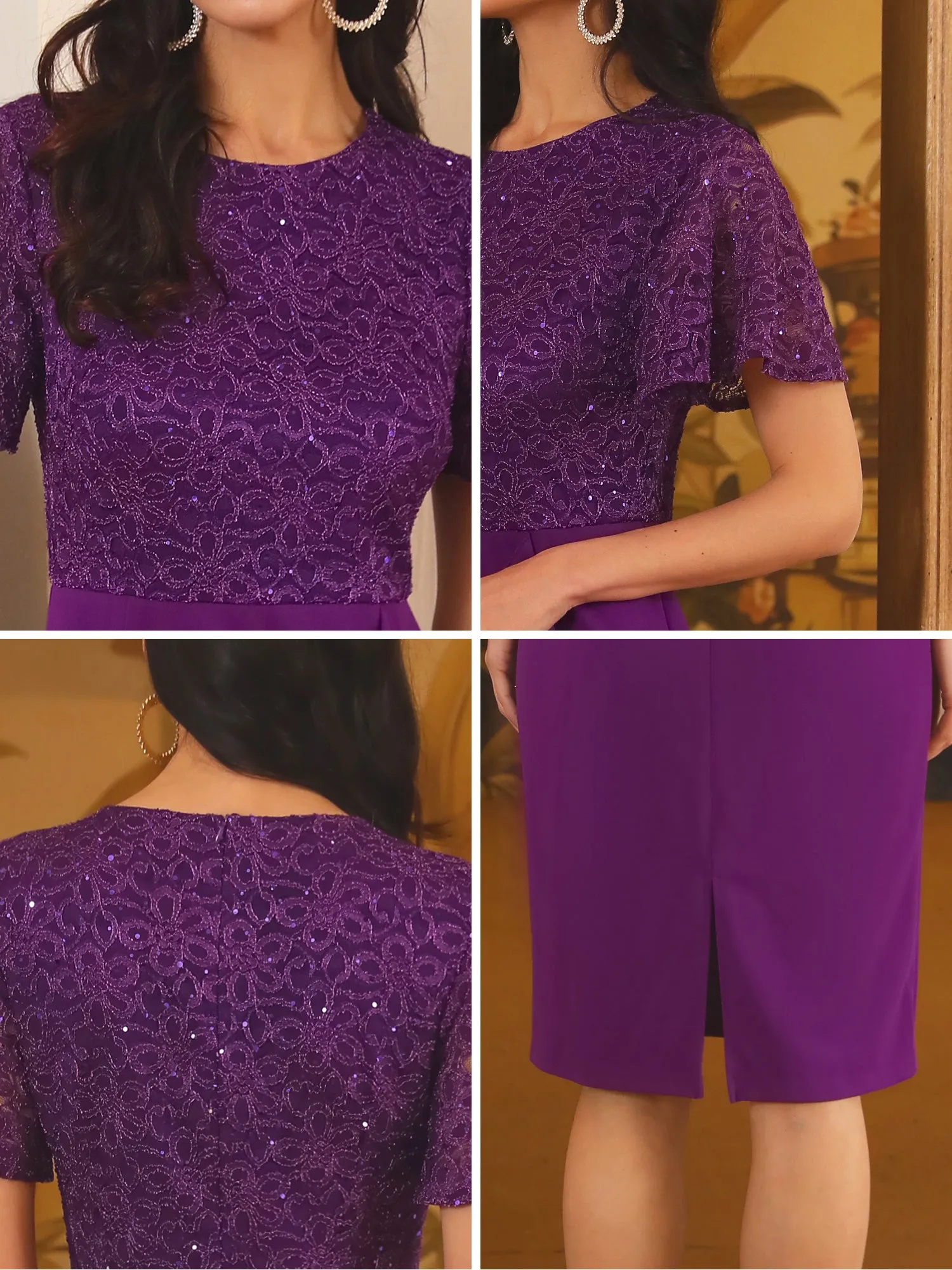 Women's Sequin Lace Short Sleeve Bodycon Cocktail Midi Dress