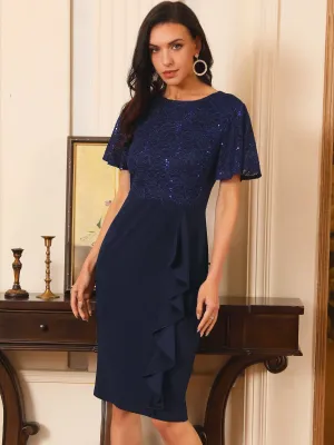 Women's Sequin Lace Short Sleeve Bodycon Cocktail Midi Dress