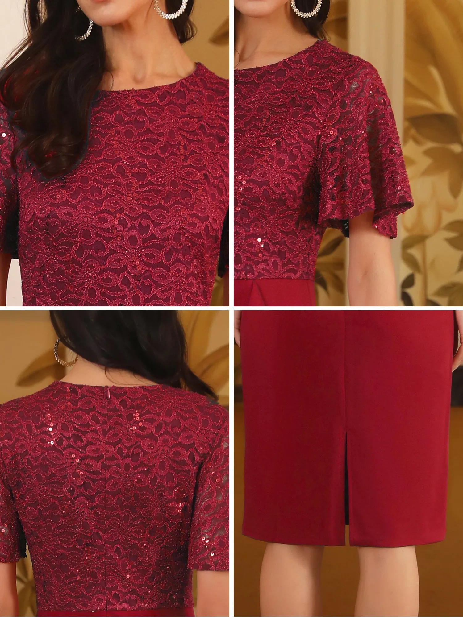 Women's Sequin Lace Short Sleeve Bodycon Cocktail Midi Dress