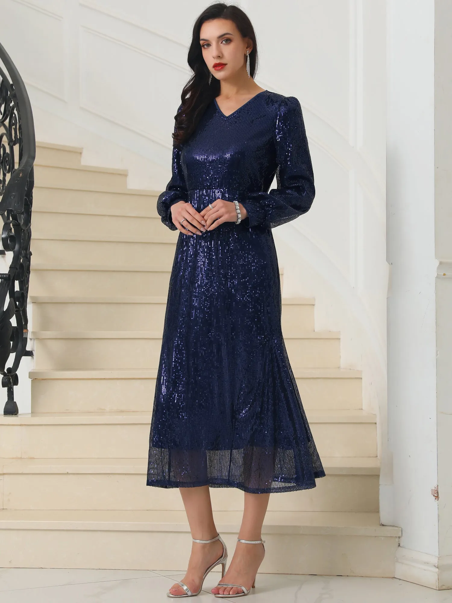 Women's Sequin Sparkly Dresses Long Sleeve V Neck Cocktail Party Midi Dress