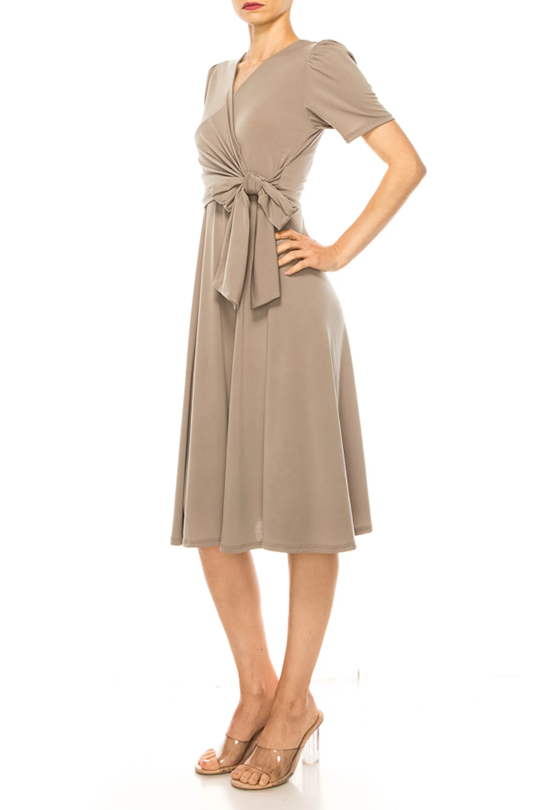 Women's Stylish Solid Faux Wrap Dress with Deep V-Neck