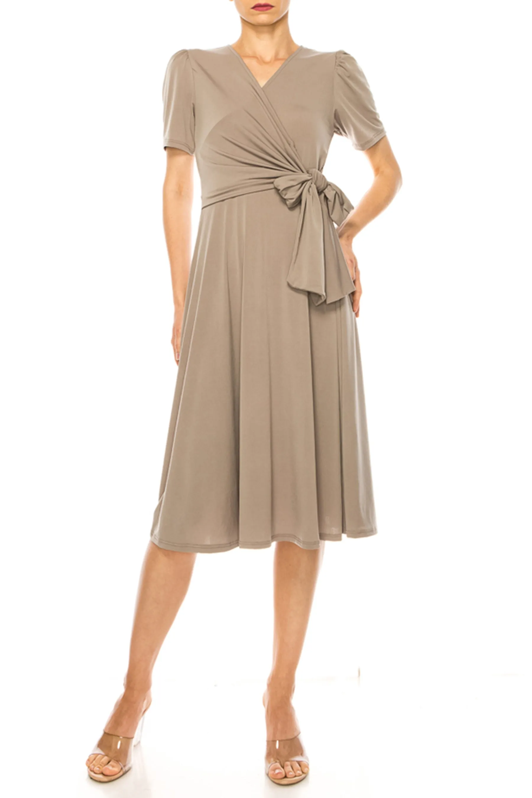 Women's Stylish Solid Faux Wrap Dress with Deep V-Neck