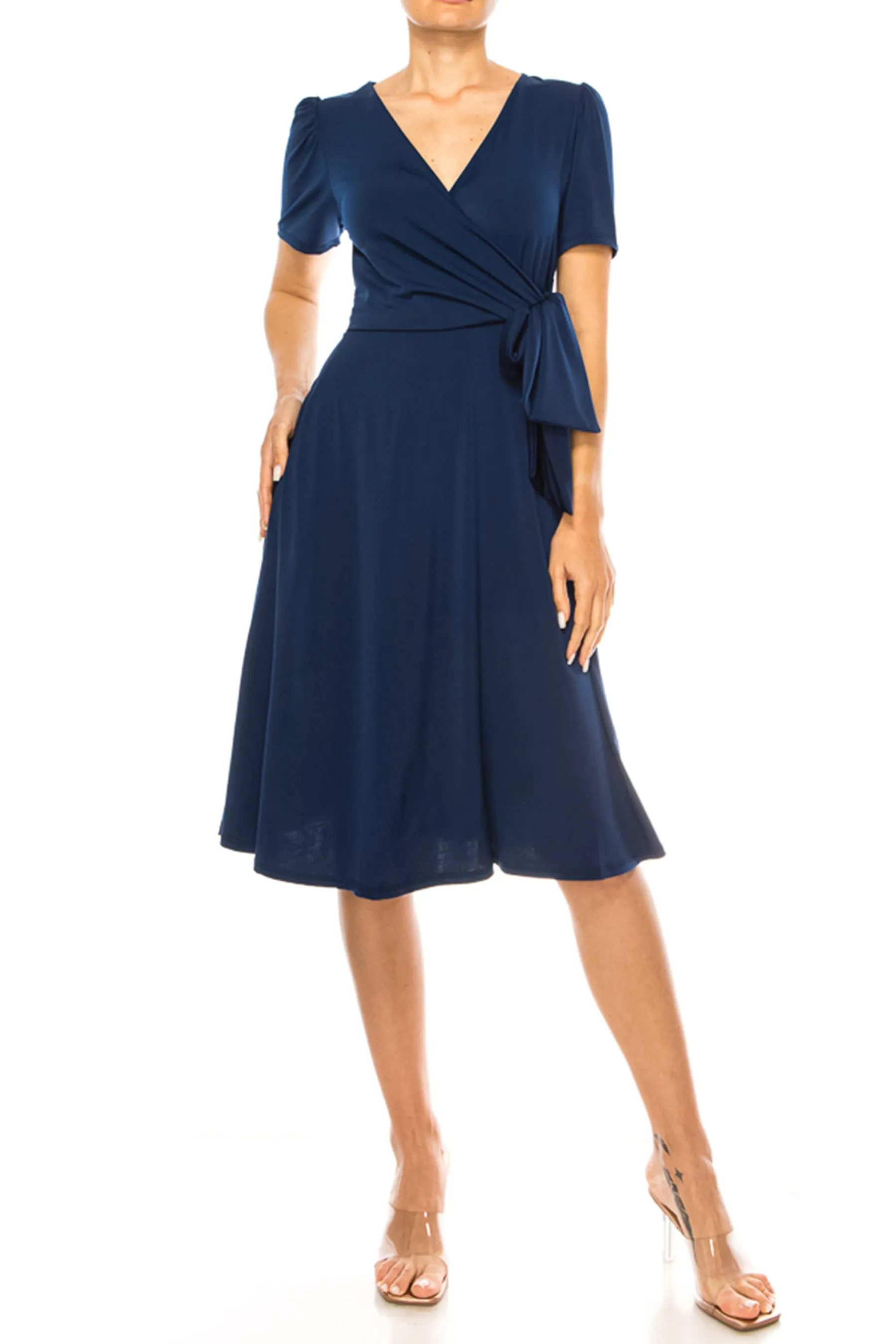 Women's Stylish Solid Faux Wrap Dress with Deep V-Neck