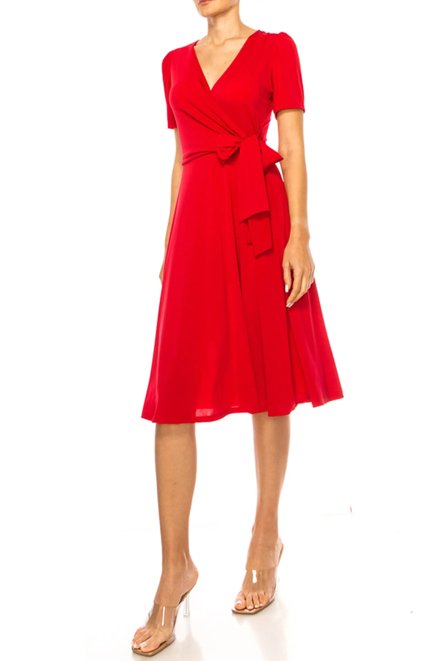 Women's Stylish Solid Faux Wrap Dress with Deep V-Neck