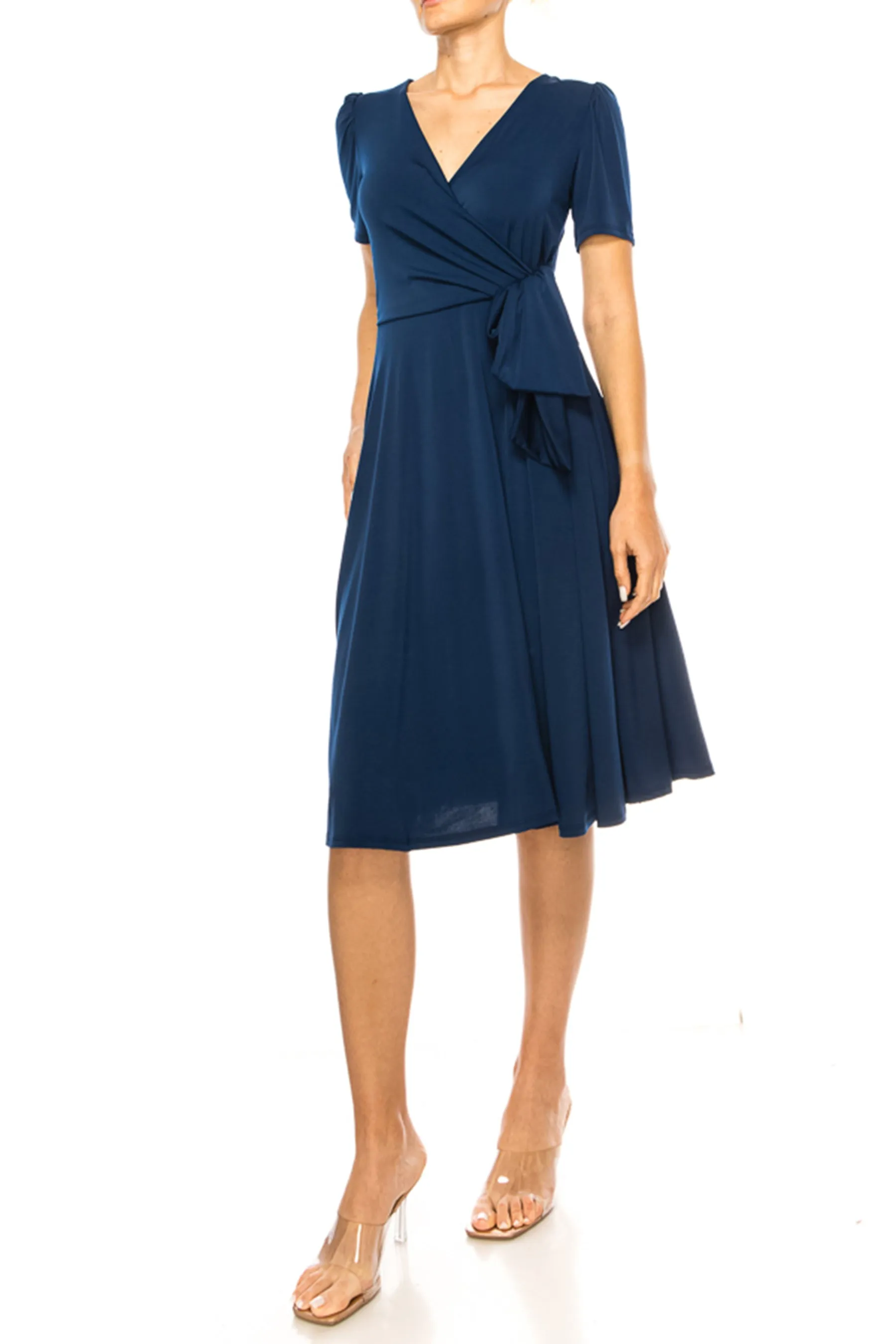 Women's Stylish Solid Faux Wrap Dress with Deep V-Neck