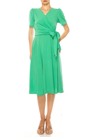 Women's Stylish Solid Faux Wrap Dress with Deep V-Neck
