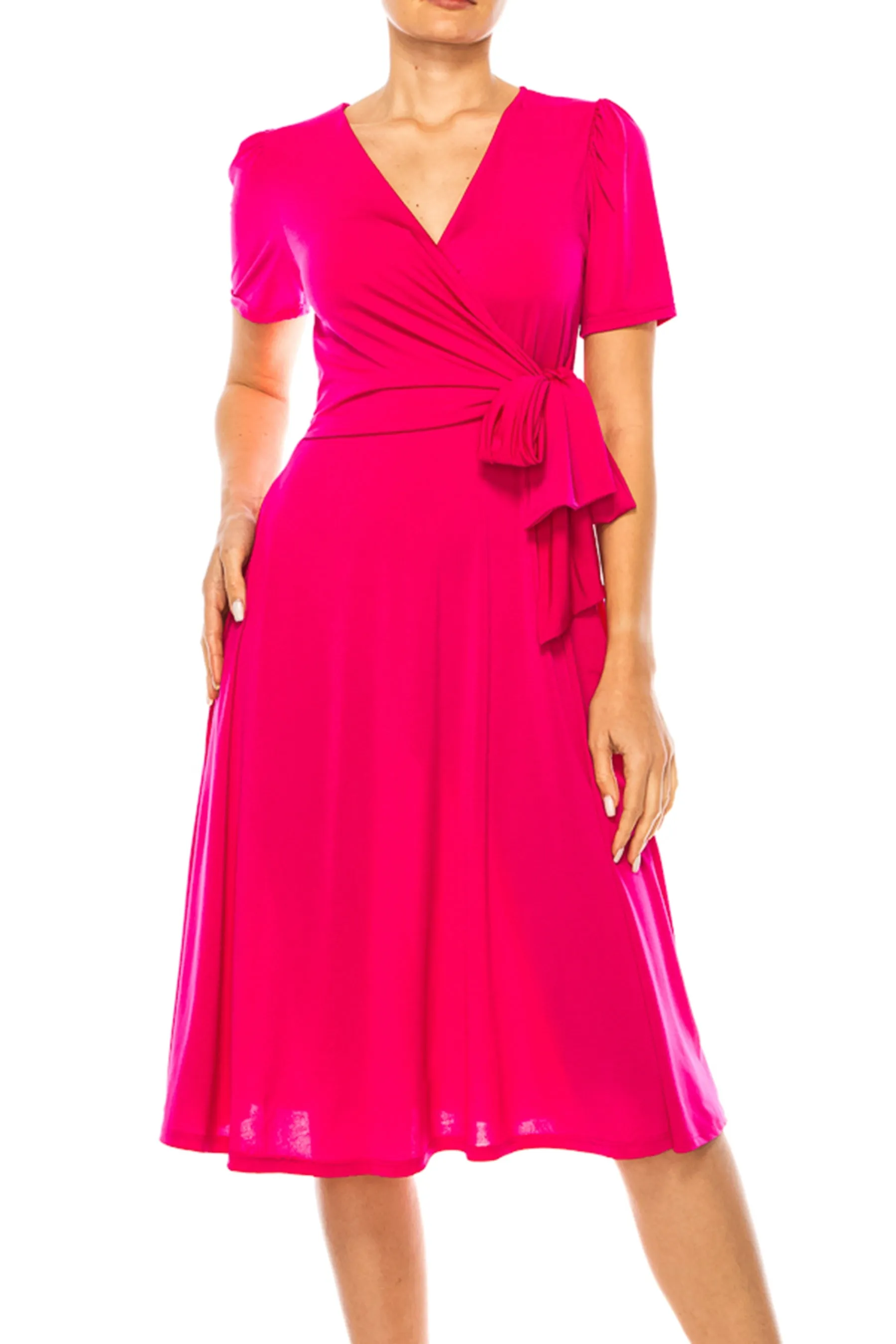 Women's Stylish Solid Faux Wrap Dress with Deep V-Neck