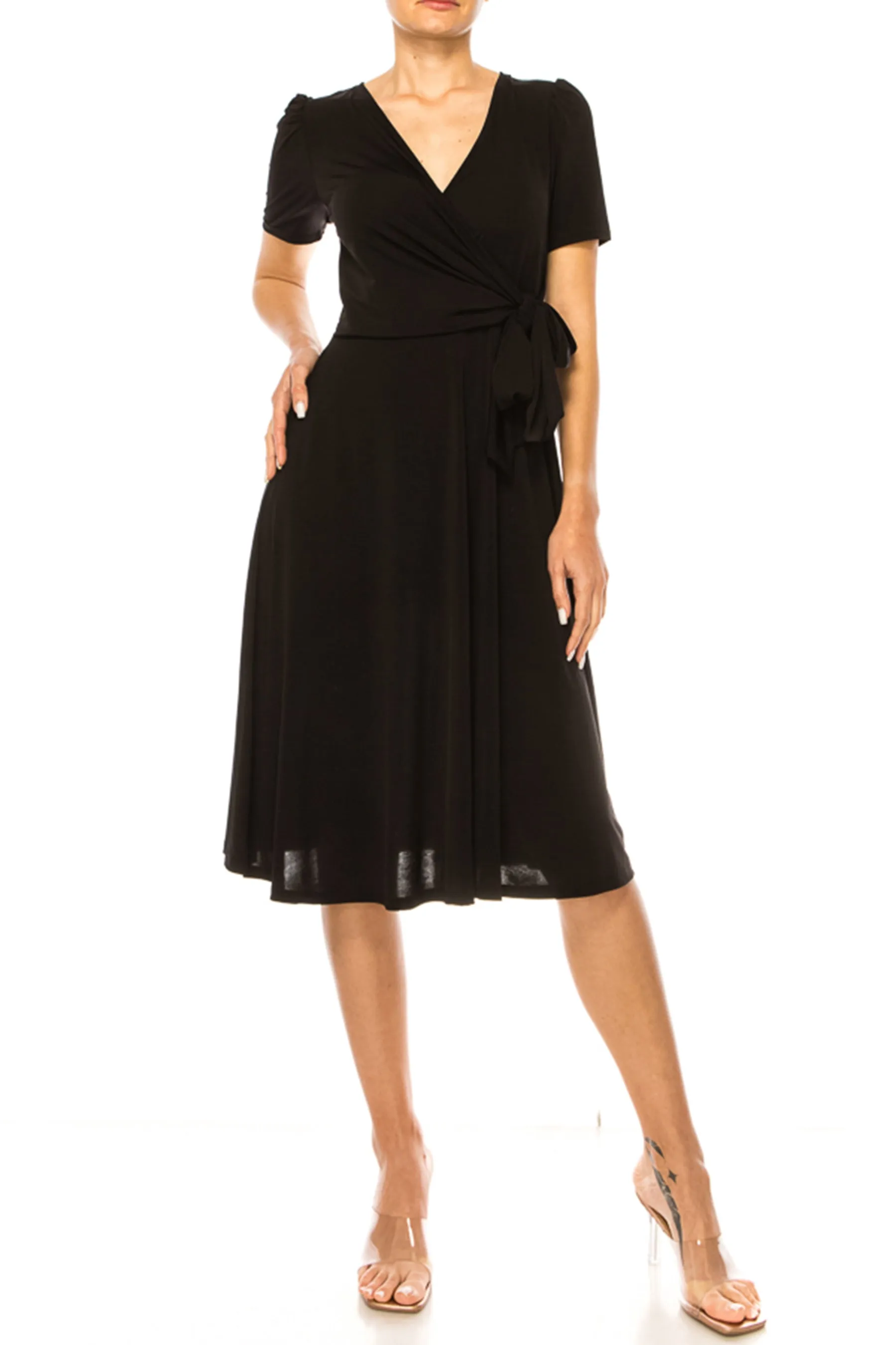Women's Stylish Solid Faux Wrap Dress with Deep V-Neck