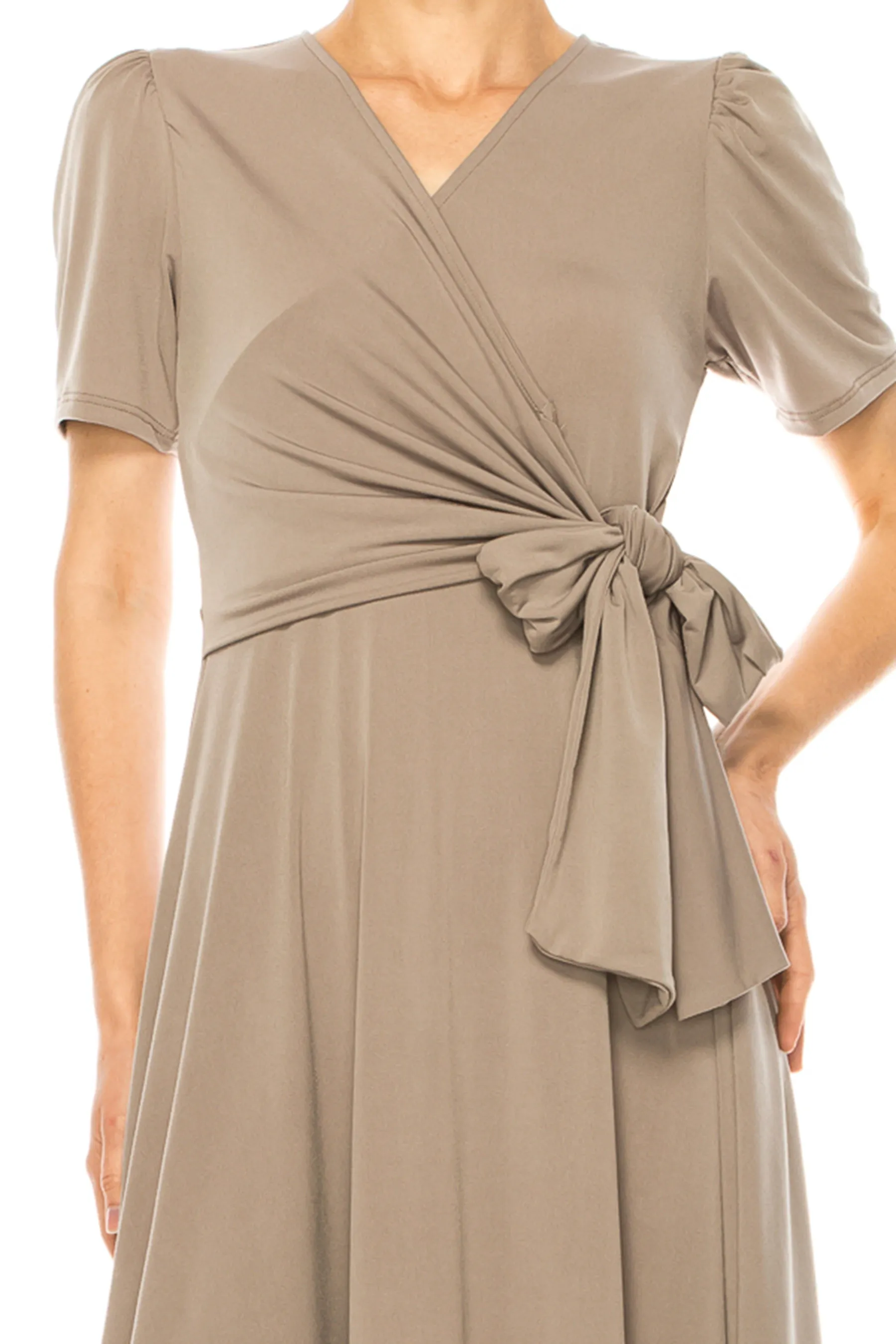 Women's Stylish Solid Faux Wrap Dress with Deep V-Neck