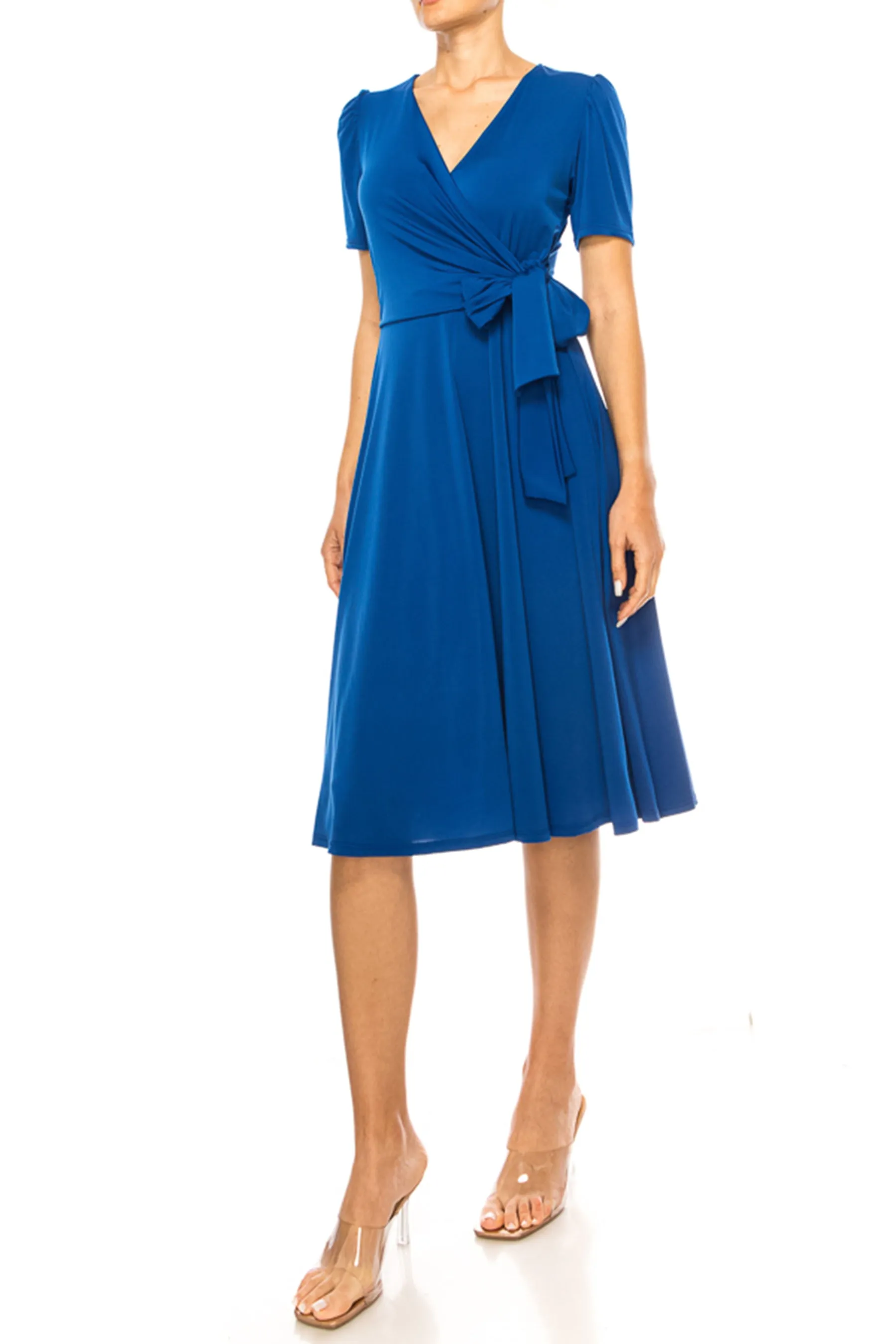 Women's Stylish Solid Faux Wrap Dress with Deep V-Neck