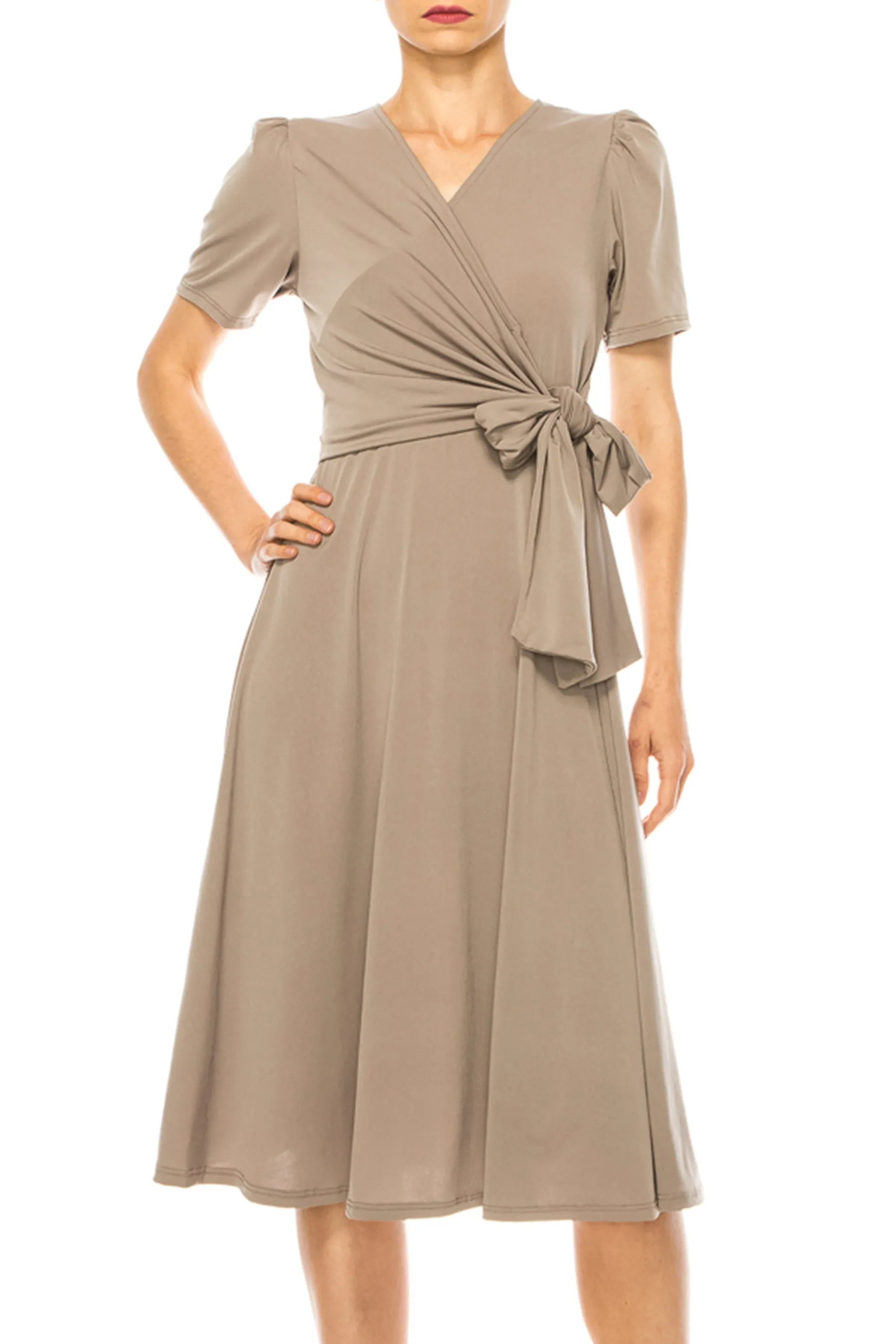 Women's Stylish Solid Faux Wrap Dress with Deep V-Neck