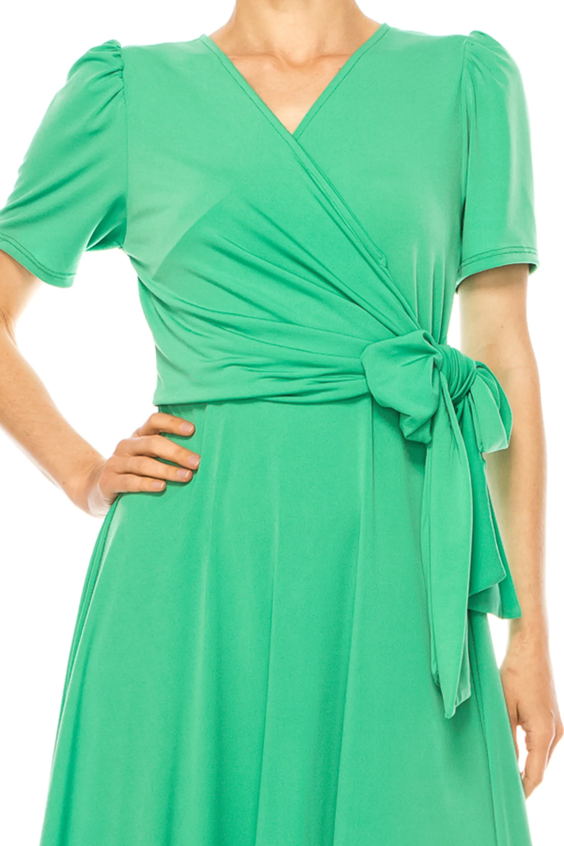 Women's Stylish Solid Faux Wrap Dress with Deep V-Neck