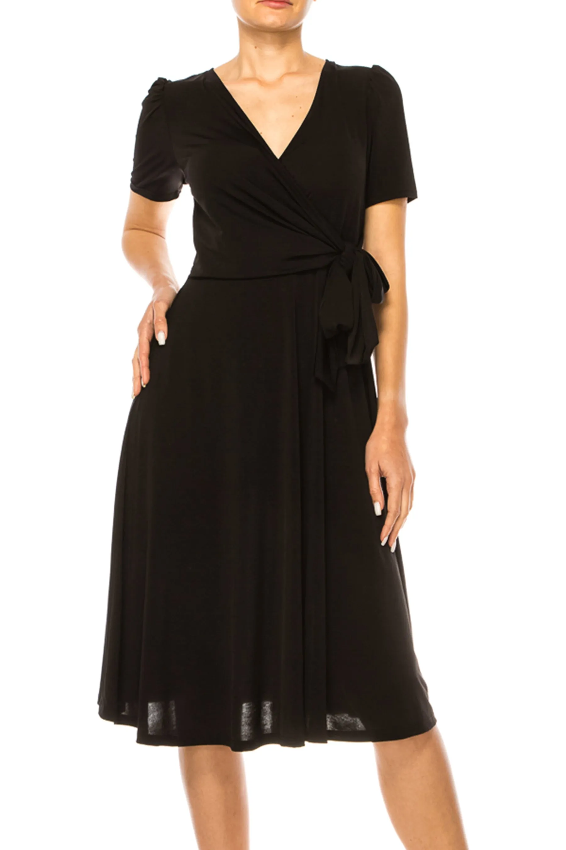 Women's Stylish Solid Faux Wrap Dress with Deep V-Neck