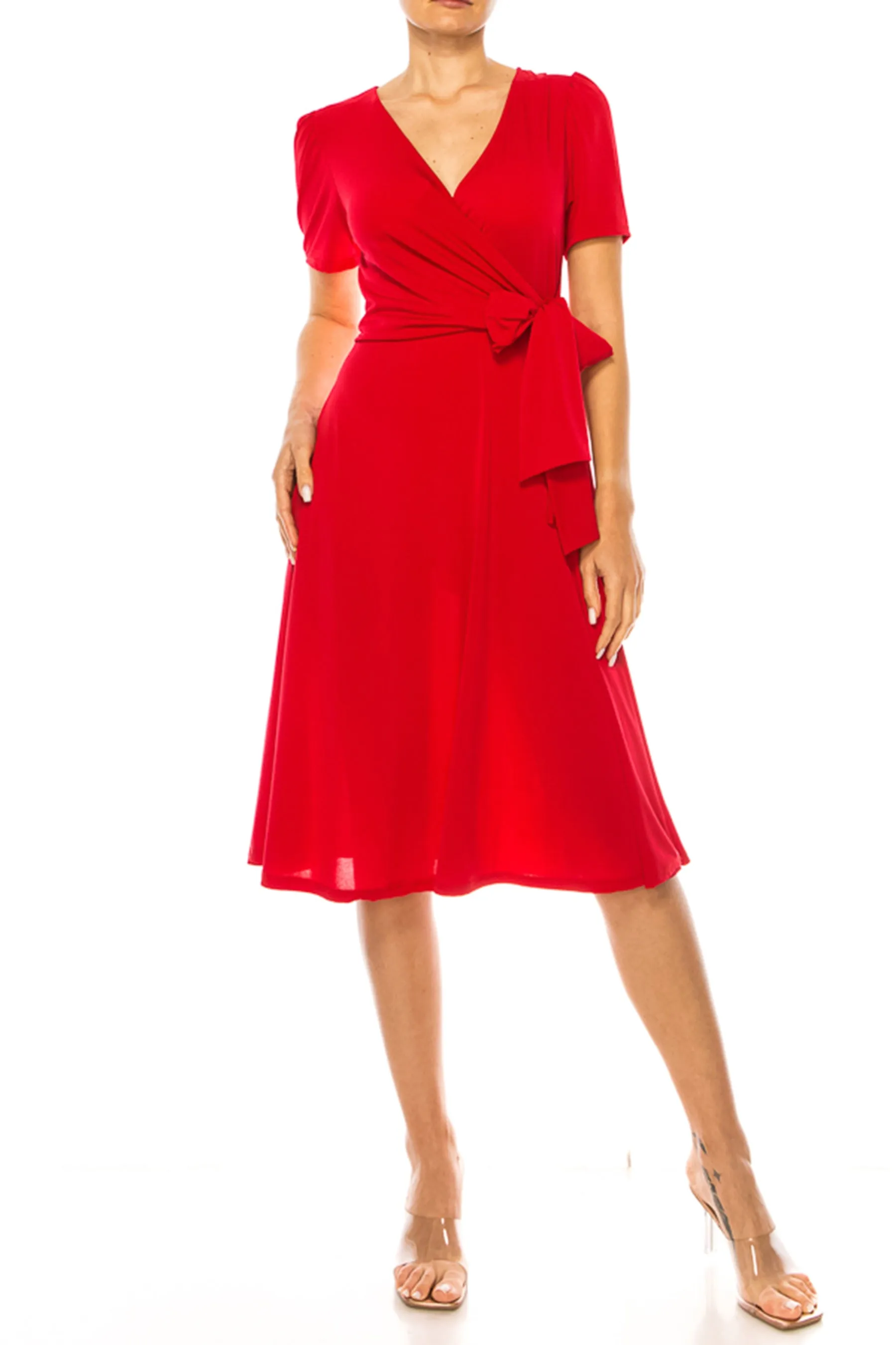 Women's Stylish Solid Faux Wrap Dress with Deep V-Neck