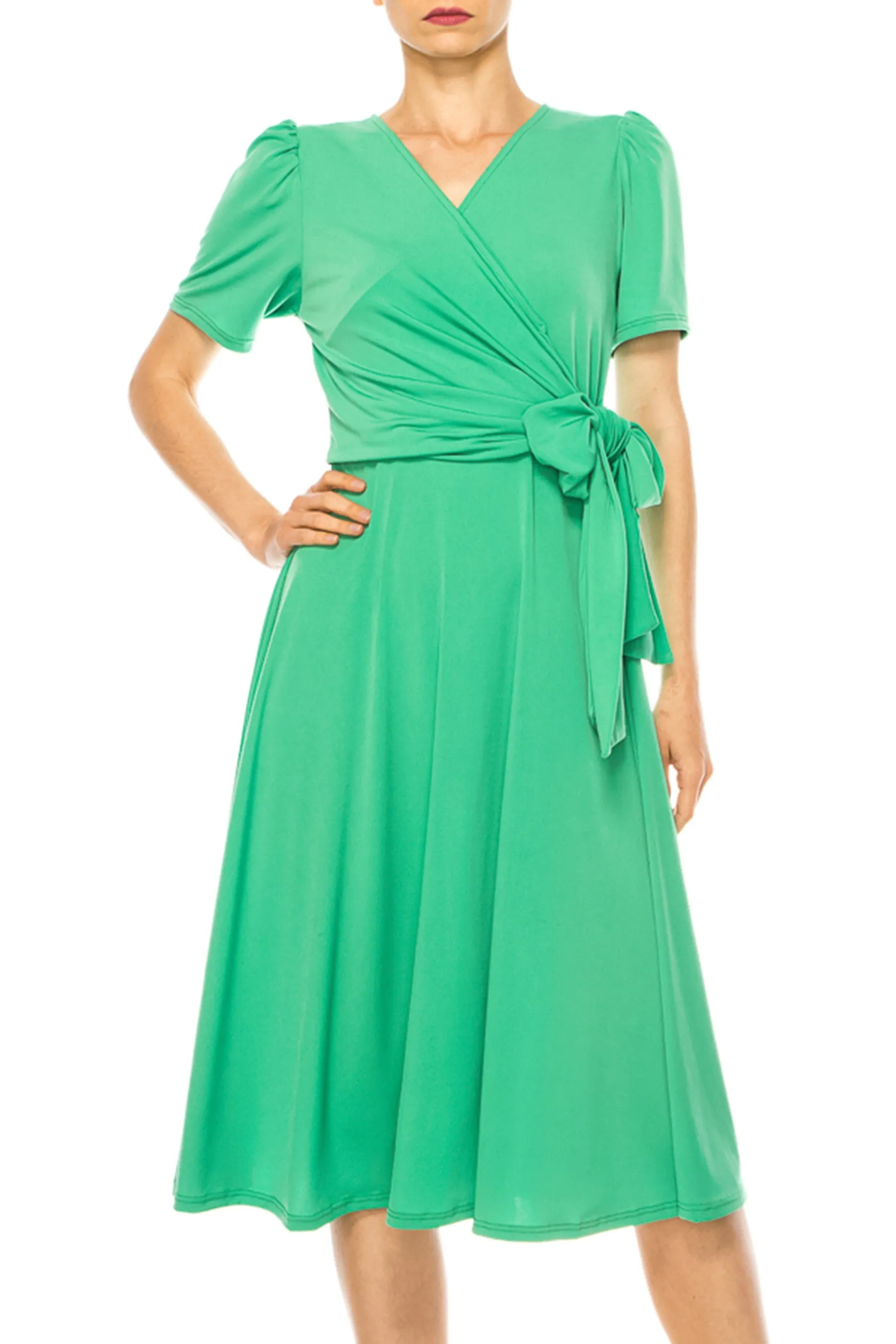 Women's Stylish Solid Faux Wrap Dress with Deep V-Neck