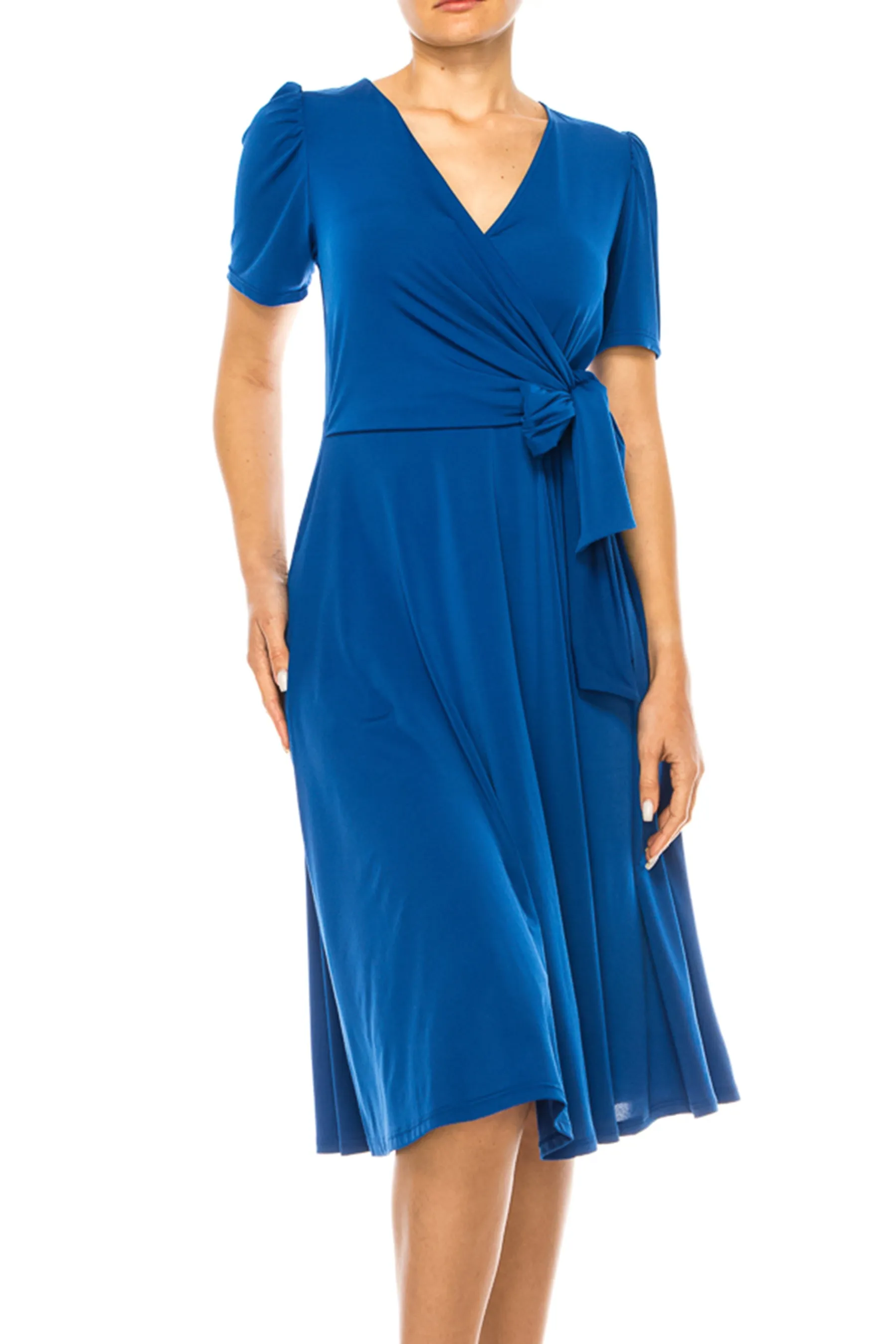 Women's Stylish Solid Faux Wrap Dress with Deep V-Neck