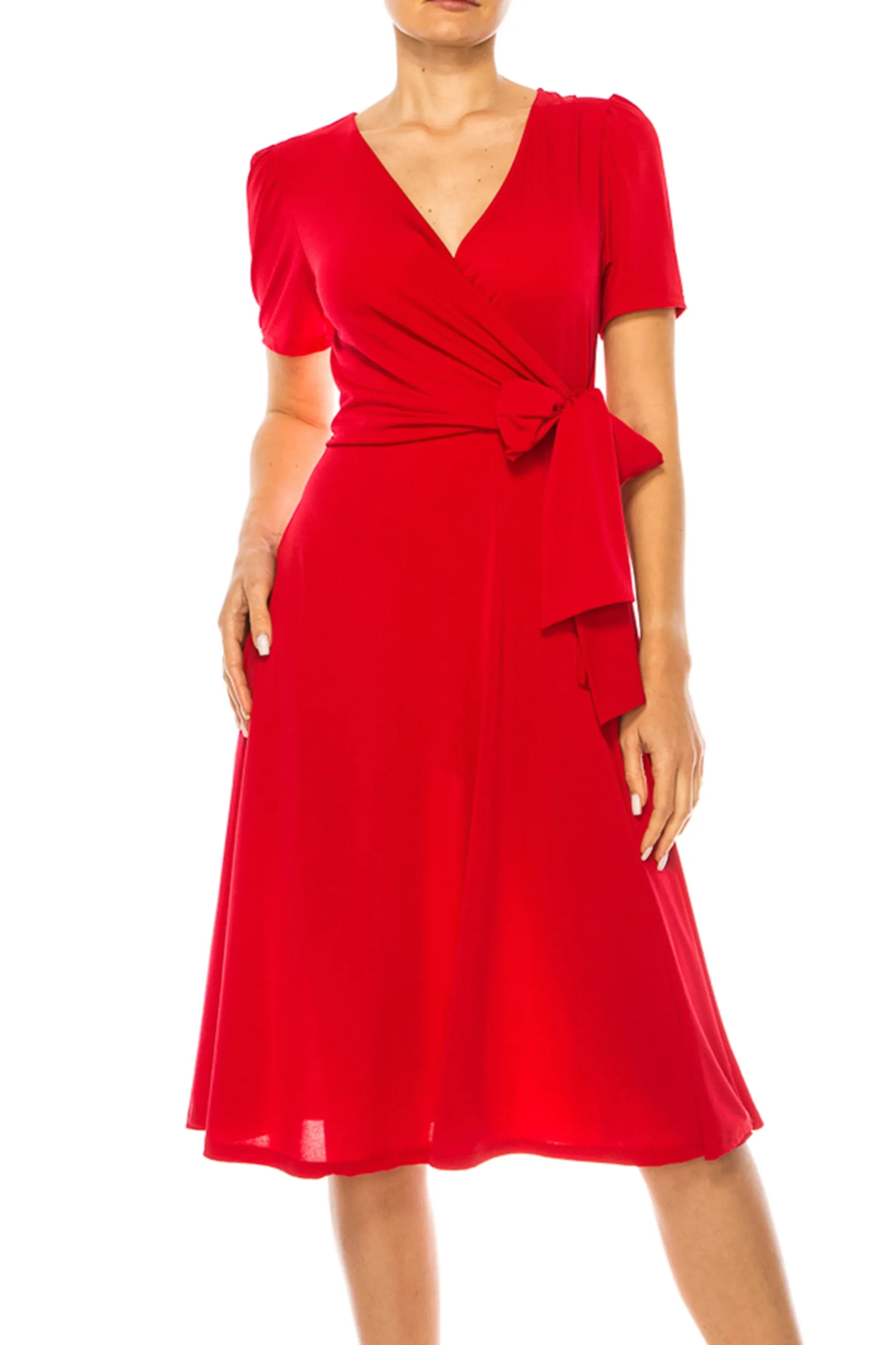 Women's Stylish Solid Faux Wrap Dress with Deep V-Neck